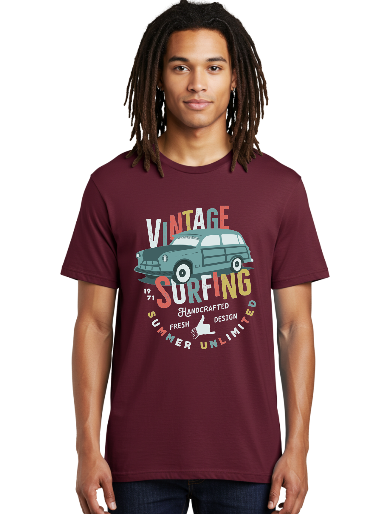 Vintage-Surfing Men'S Graphic Tee, 100% Cotton, Comfortable Casual Summer Wear, Machine Washable, Vintage Car, Surfing Culture, Handcrafted Design, Summer Vibes, Retro Style, Fresh Design, Thumbs Up, 1971, Unlimited Summer, Nostalgic Feel, Aab961
