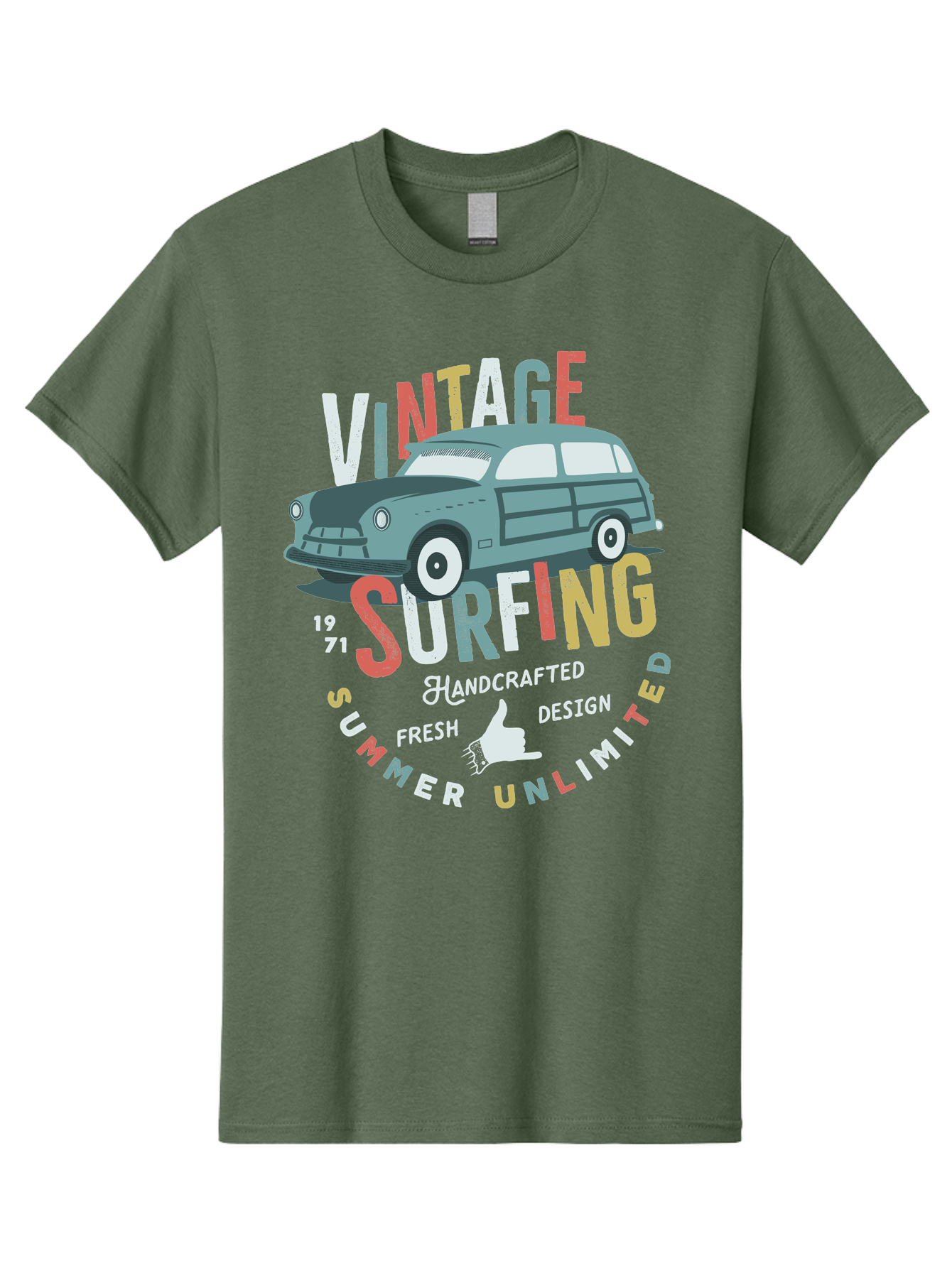 Vintage-Surfing Men'S Graphic Tee, 100% Cotton, Comfortable Casual Summer Wear, Machine Washable, Vintage Car, Surfing Culture, Handcrafted Design, Summer Vibes, Retro Style, Fresh Design, Thumbs Up, 1971, Unlimited Summer, Nostalgic Feel, Aab961