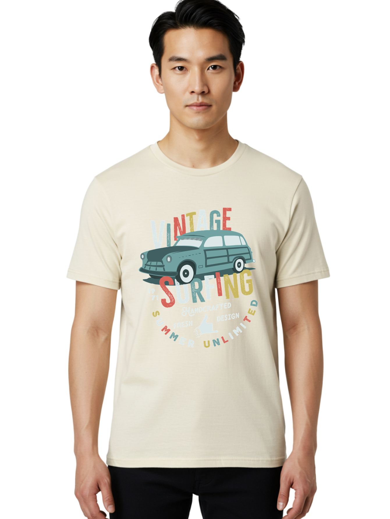 Vintage-Surfing Men'S Graphic Tee, 100% Cotton, Comfortable Casual Summer Wear, Machine Washable, Vintage Car, Surfing Culture, Handcrafted Design, Summer Vibes, Retro Style, Fresh Design, Thumbs Up, 1971, Unlimited Summer, Nostalgic Feel, Aab961