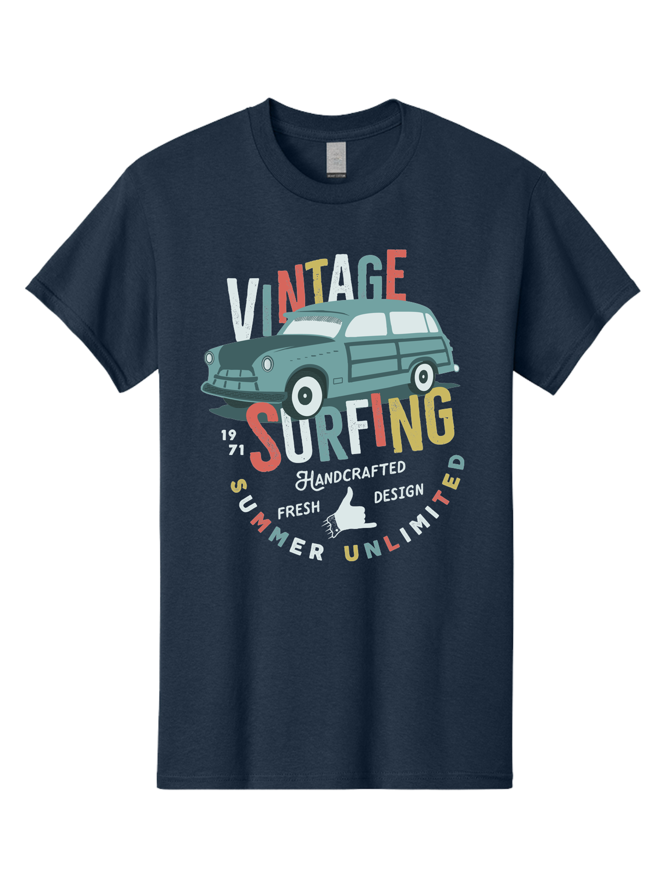Vintage-Surfing Men'S Graphic Tee, 100% Cotton, Comfortable Casual Summer Wear, Machine Washable, Vintage Car, Surfing Culture, Handcrafted Design, Summer Vibes, Retro Style, Fresh Design, Thumbs Up, 1971, Unlimited Summer, Nostalgic Feel, Aab961