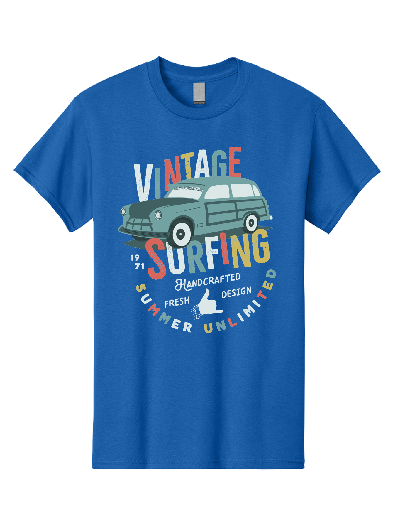 Vintage-Surfing Men'S Graphic Tee, 100% Cotton, Comfortable Casual Summer Wear, Machine Washable, Vintage Car, Surfing Culture, Handcrafted Design, Summer Vibes, Retro Style, Fresh Design, Thumbs Up, 1971, Unlimited Summer, Nostalgic Feel, Aab961