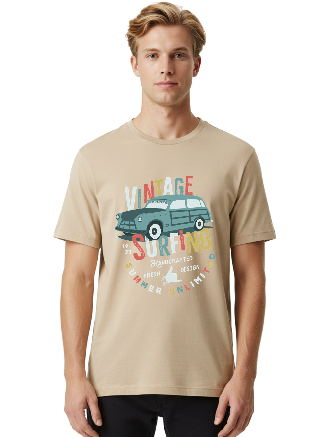 Vintage-Surfing Men'S Graphic Tee, 100% Cotton, Comfortable Casual Summer Wear, Machine Washable, Vintage Car, Surfing Culture, Handcrafted Design, Summer Vibes, Retro Style, Fresh Design, Thumbs Up, 1971, Unlimited Summer, Nostalgic Feel, Aab961