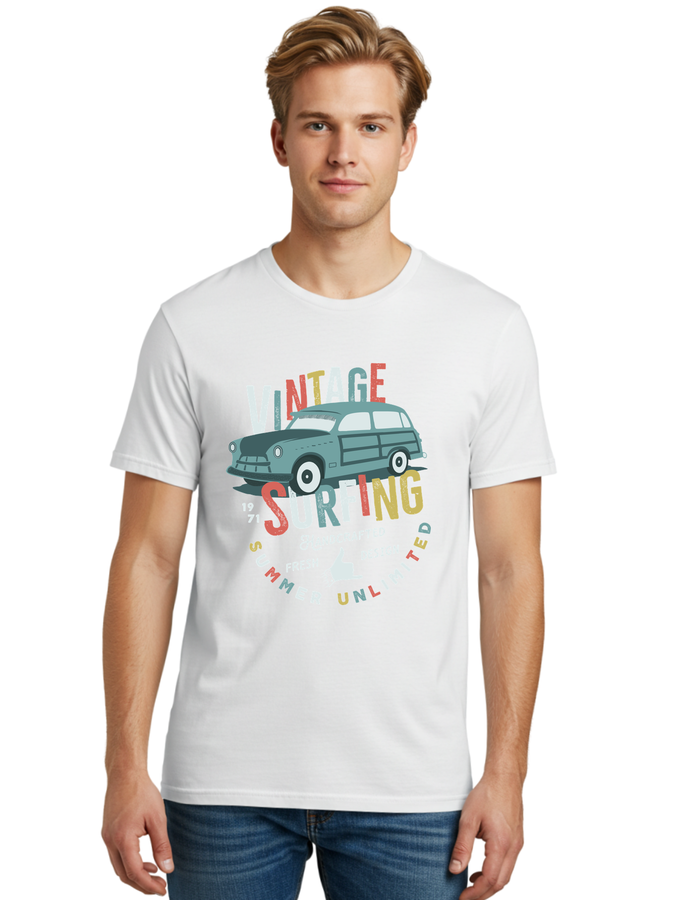 Vintage-Surfing Men'S Graphic Tee, 100% Cotton, Comfortable Casual Summer Wear, Machine Washable, Vintage Car, Surfing Culture, Handcrafted Design, Summer Vibes, Retro Style, Fresh Design, Thumbs Up, 1971, Unlimited Summer, Nostalgic Feel, Aab961