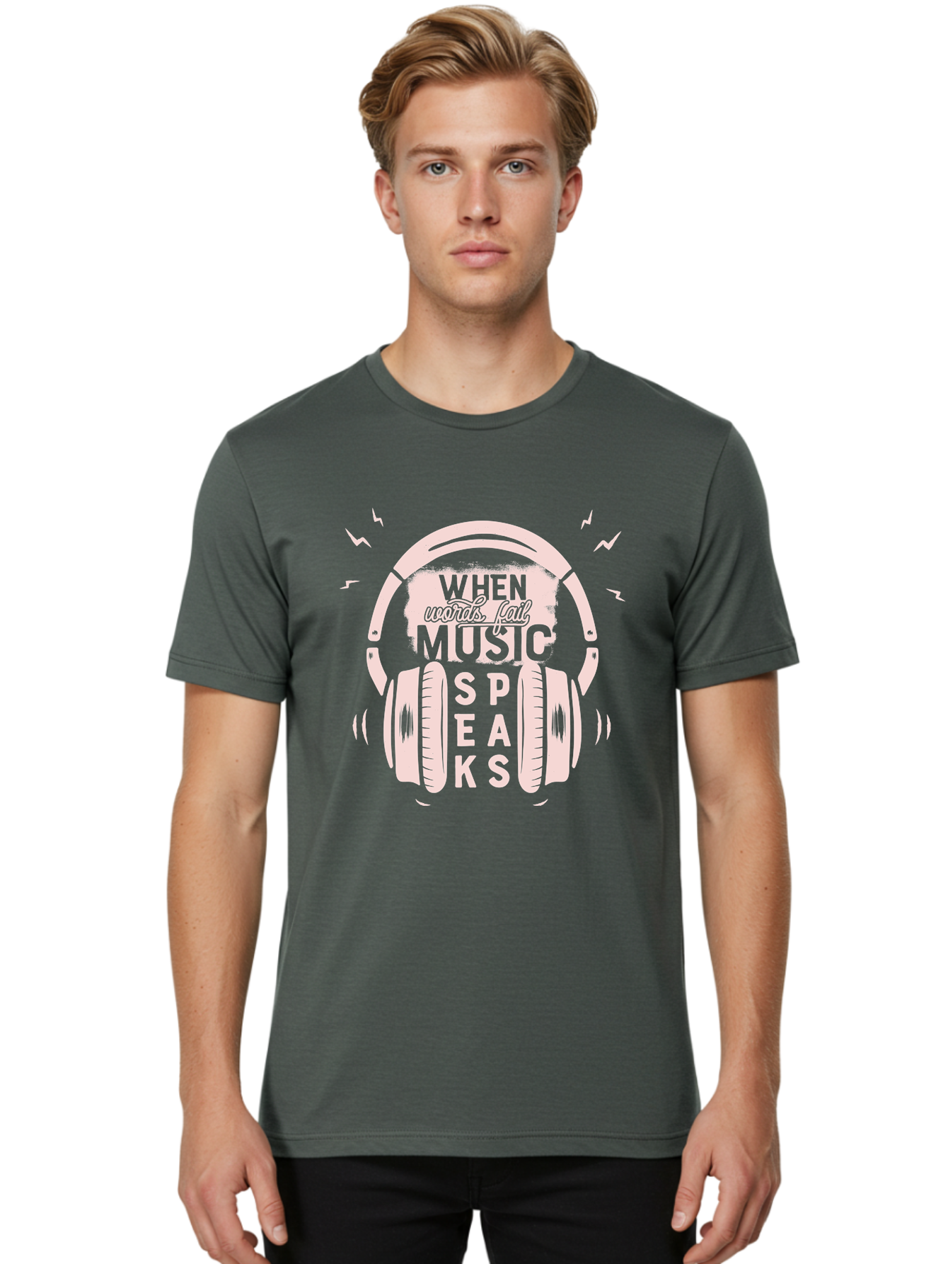 When-Words-Fail-Music-Speaks-Headphones Men'S Graphic Tee, 100% Cotton, Comfortable Casual Summer Wear, Machine Washable, Music Speaks, Inspiring Quotes, Headphone Design, Motivational Phrases, Music Inspiration, Words Of Wisdom, Aab962