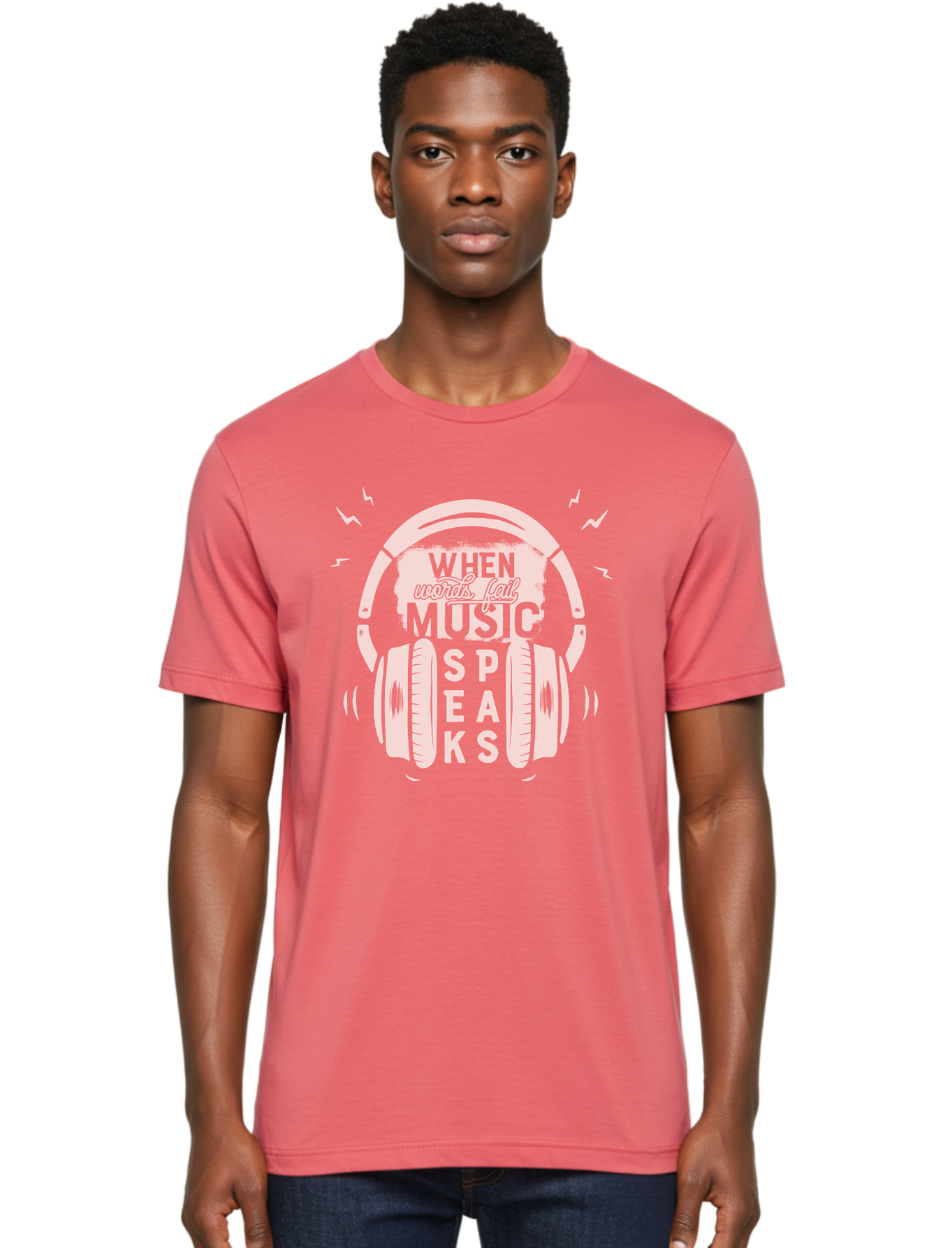 When-Words-Fail-Music-Speaks-Headphones Men'S Graphic Tee, 100% Cotton, Comfortable Casual Summer Wear, Machine Washable, Music Speaks, Inspiring Quotes, Headphone Design, Motivational Phrases, Music Inspiration, Words Of Wisdom, Aab962