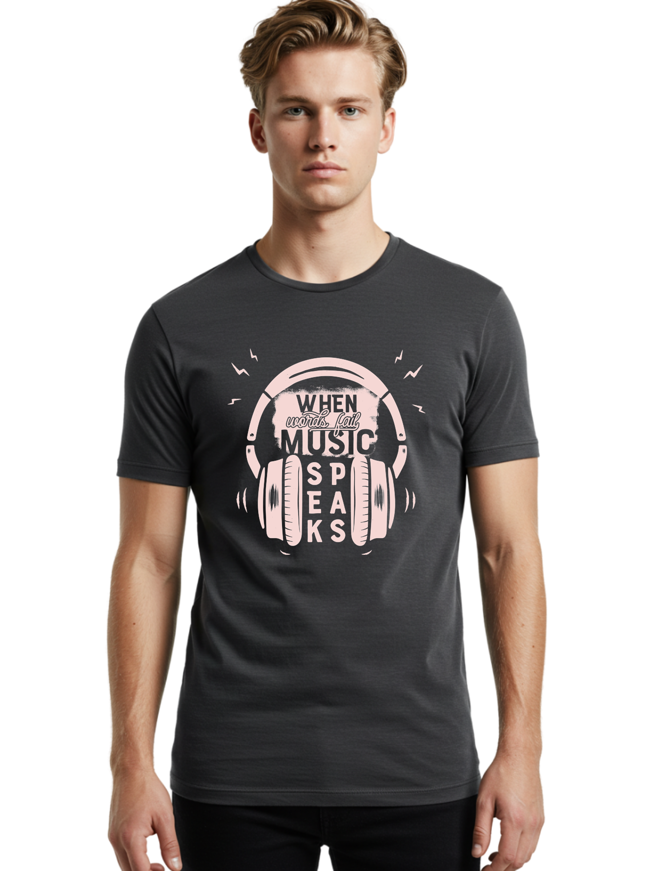 When-Words-Fail-Music-Speaks-Headphones Men'S Graphic Tee, 100% Cotton, Comfortable Casual Summer Wear, Machine Washable, Music Speaks, Inspiring Quotes, Headphone Design, Motivational Phrases, Music Inspiration, Words Of Wisdom, Aab962