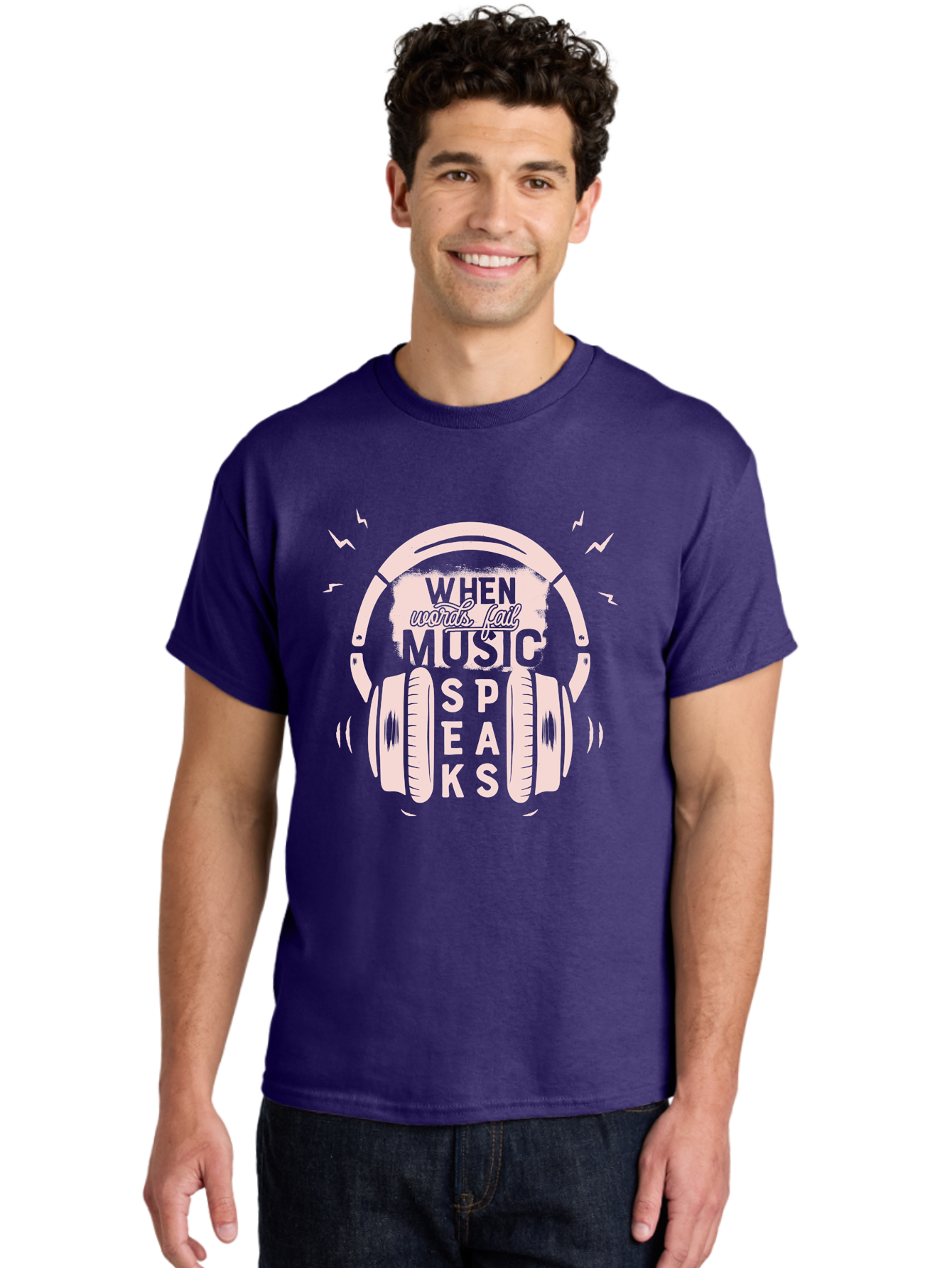 When-Words-Fail-Music-Speaks-Headphones Men'S Graphic Tee, 100% Cotton, Comfortable Casual Summer Wear, Machine Washable, Music Speaks, Inspiring Quotes, Headphone Design, Motivational Phrases, Music Inspiration, Words Of Wisdom, Aab962