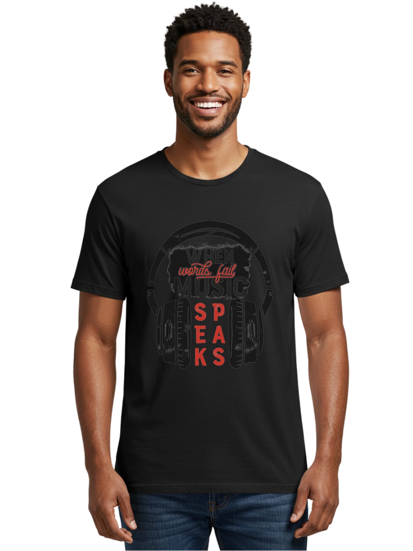 When-Words-Fail-Music-Speaks Men'S Graphic Tee, 100% Cotton, Comfortable Casual Summer Wear, Machine Washable, Inspirational Quote, Music Lover, Headphone Illustration, Motivational Phrase, Music Speaks, Words Fail, Sound Waves, Music Art Aab963