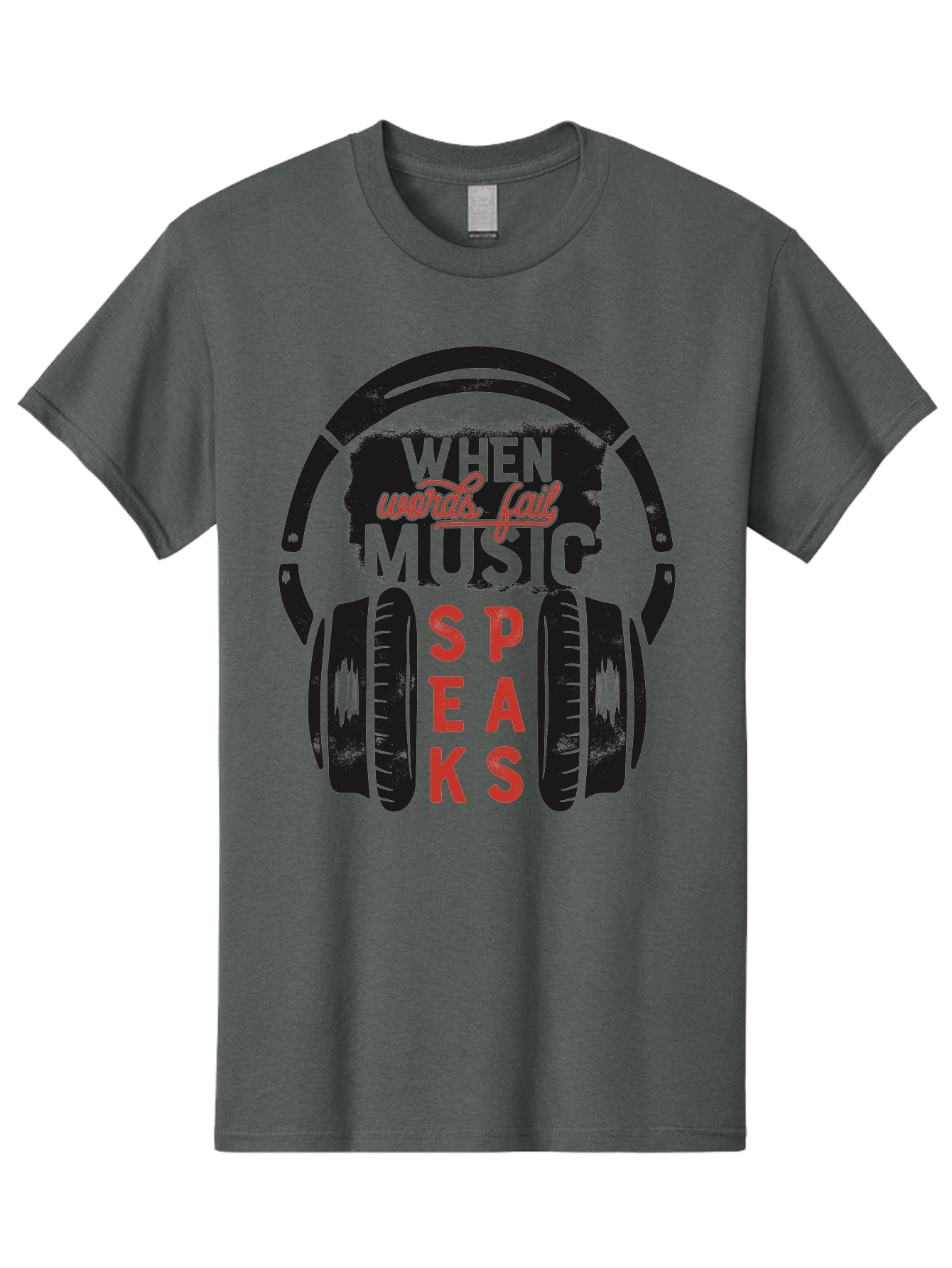 When-Words-Fail-Music-Speaks Men'S Graphic Tee, 100% Cotton, Comfortable Casual Summer Wear, Machine Washable, Inspirational Quote, Music Lover, Headphone Illustration, Motivational Phrase, Music Speaks, Words Fail, Sound Waves, Music Art Aab963