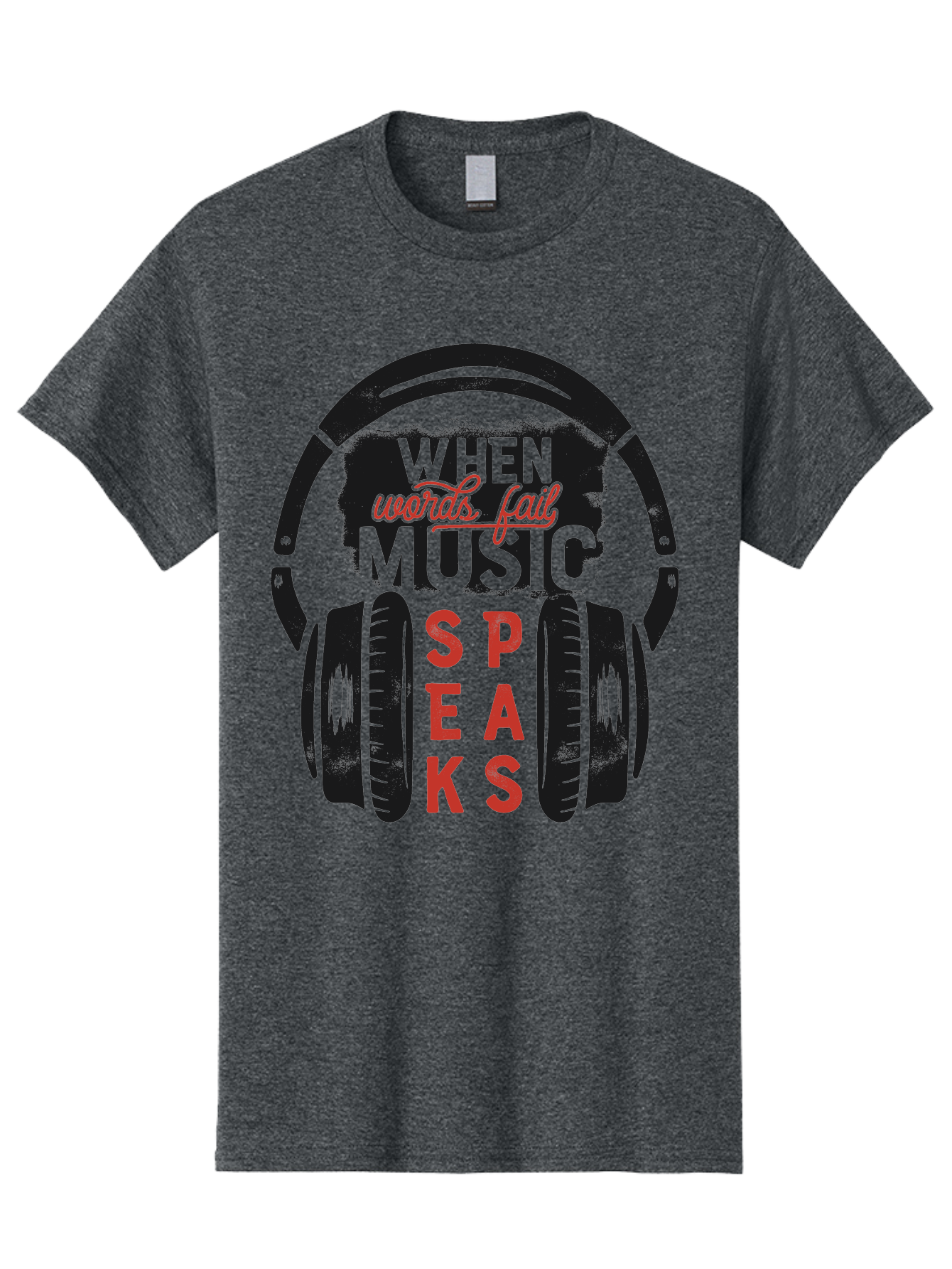 When-Words-Fail-Music-Speaks Men'S Graphic Tee, 100% Cotton, Comfortable Casual Summer Wear, Machine Washable, Inspirational Quote, Music Lover, Headphone Illustration, Motivational Phrase, Music Speaks, Words Fail, Sound Waves, Music Art Aab963