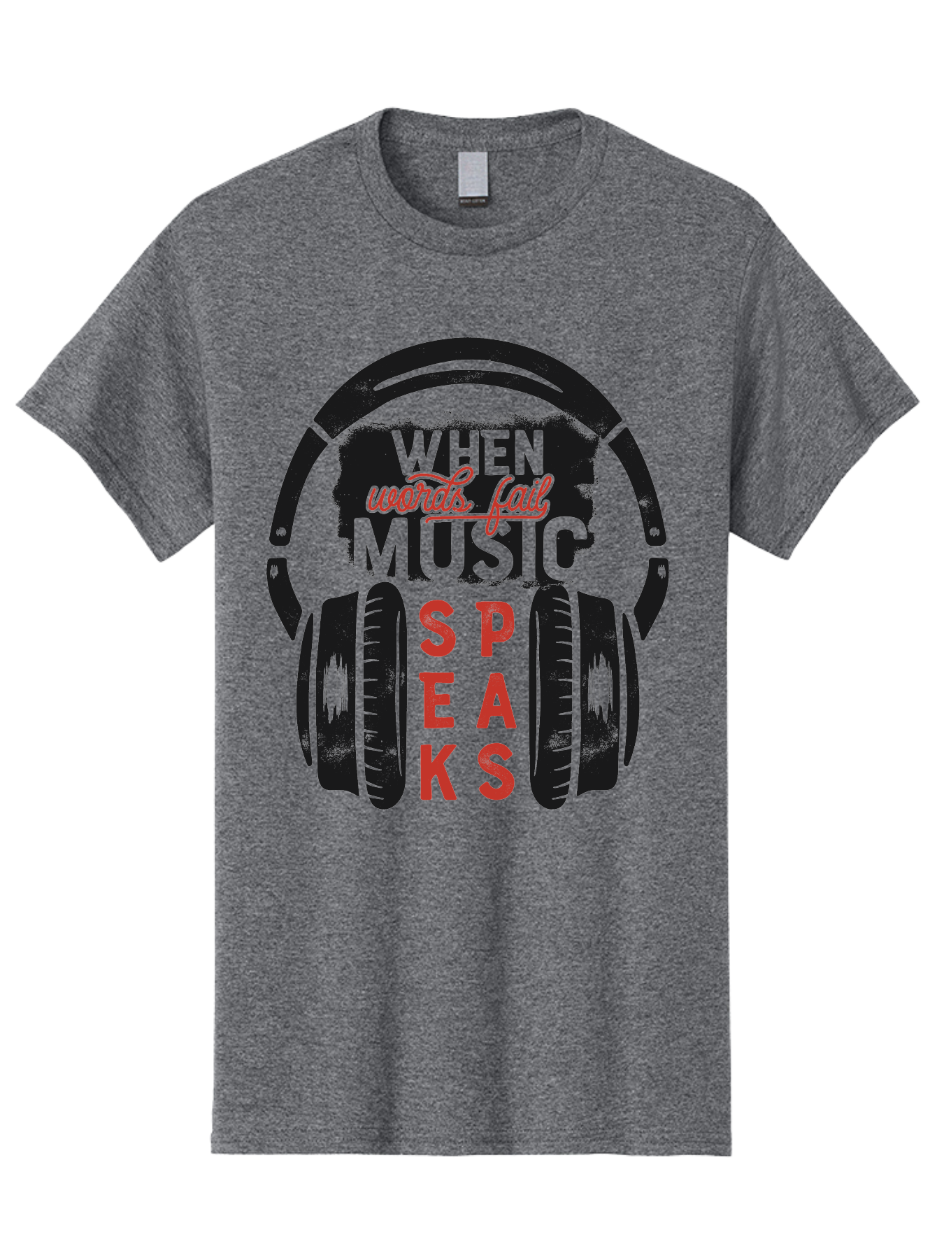 When-Words-Fail-Music-Speaks Men'S Graphic Tee, 100% Cotton, Comfortable Casual Summer Wear, Machine Washable, Inspirational Quote, Music Lover, Headphone Illustration, Motivational Phrase, Music Speaks, Words Fail, Sound Waves, Music Art Aab963