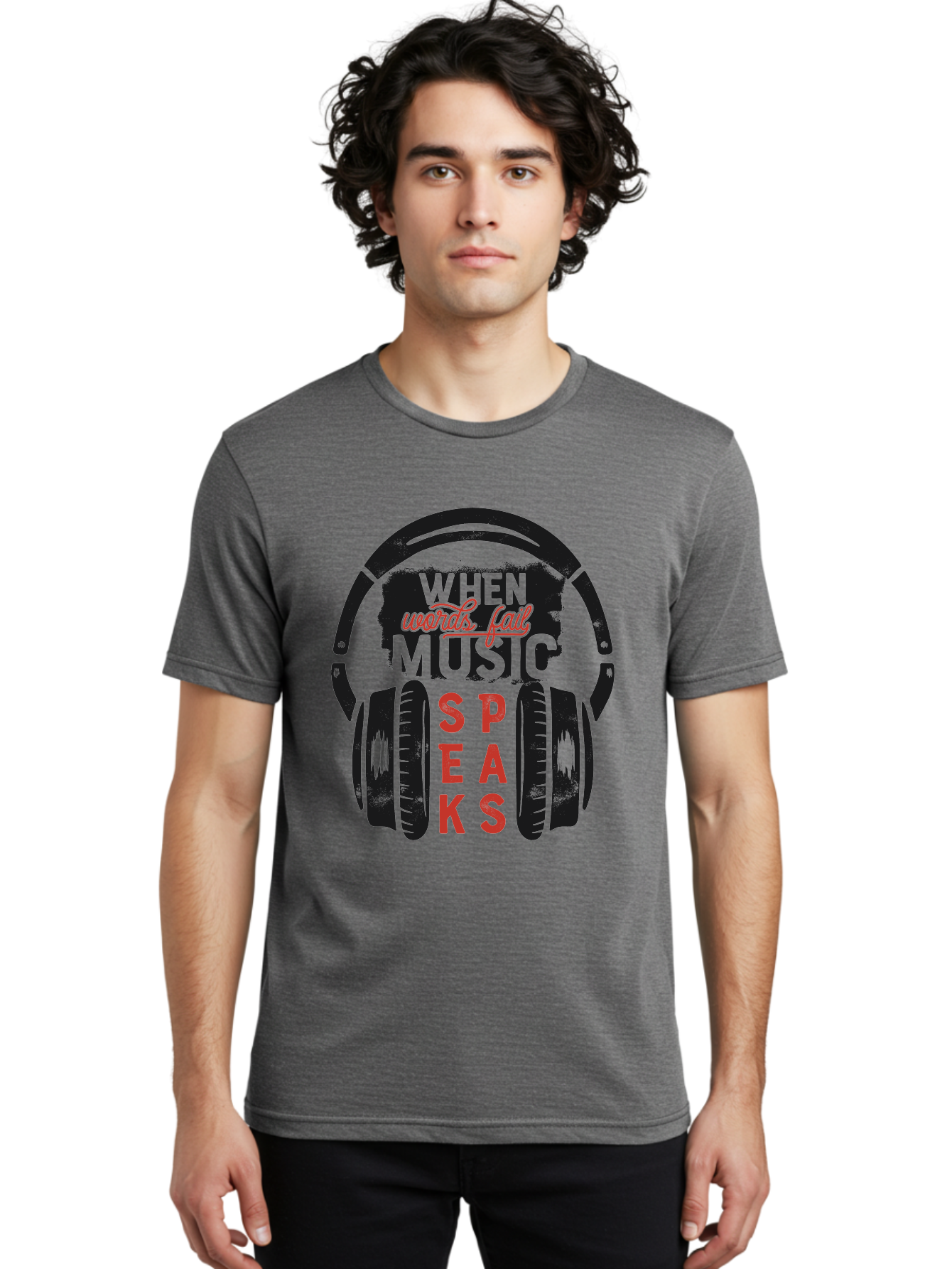 When-Words-Fail-Music-Speaks Men'S Graphic Tee, 100% Cotton, Comfortable Casual Summer Wear, Machine Washable, Inspirational Quote, Music Lover, Headphone Illustration, Motivational Phrase, Music Speaks, Words Fail, Sound Waves, Music Art Aab963