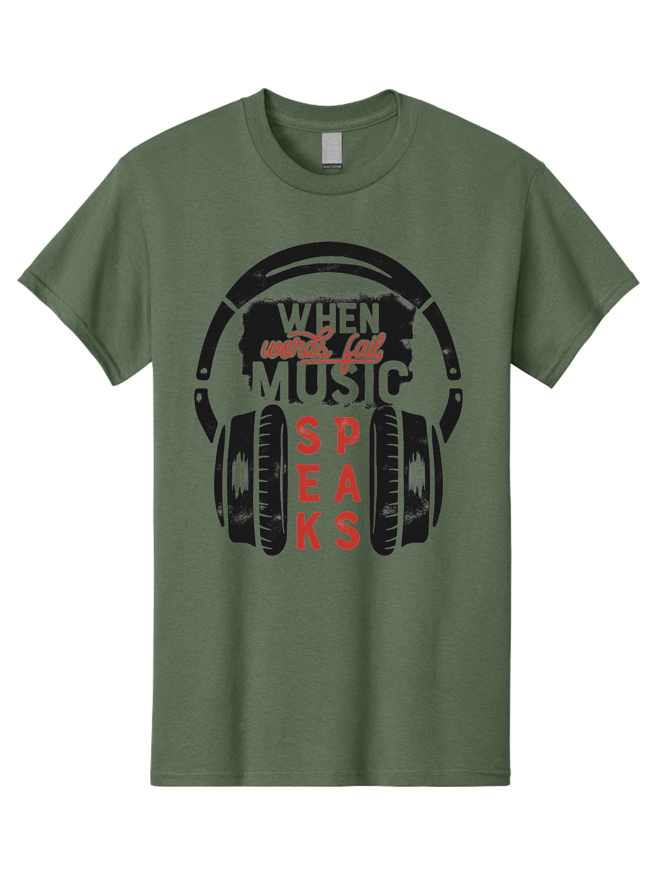 When-Words-Fail-Music-Speaks Men'S Graphic Tee, 100% Cotton, Comfortable Casual Summer Wear, Machine Washable, Inspirational Quote, Music Lover, Headphone Illustration, Motivational Phrase, Music Speaks, Words Fail, Sound Waves, Music Art Aab963