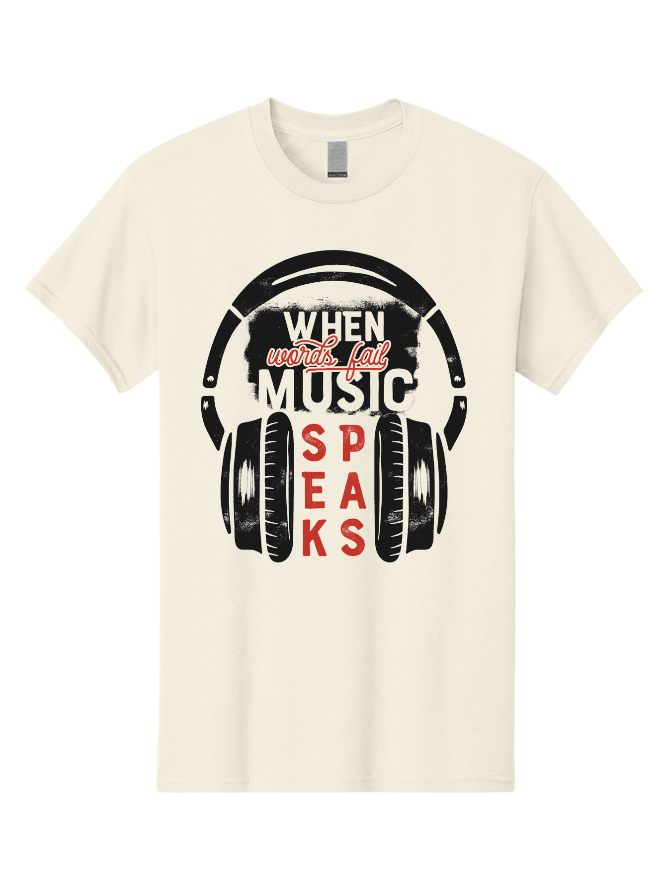 When-Words-Fail-Music-Speaks Men'S Graphic Tee, 100% Cotton, Comfortable Casual Summer Wear, Machine Washable, Inspirational Quote, Music Lover, Headphone Illustration, Motivational Phrase, Music Speaks, Words Fail, Sound Waves, Music Art Aab963