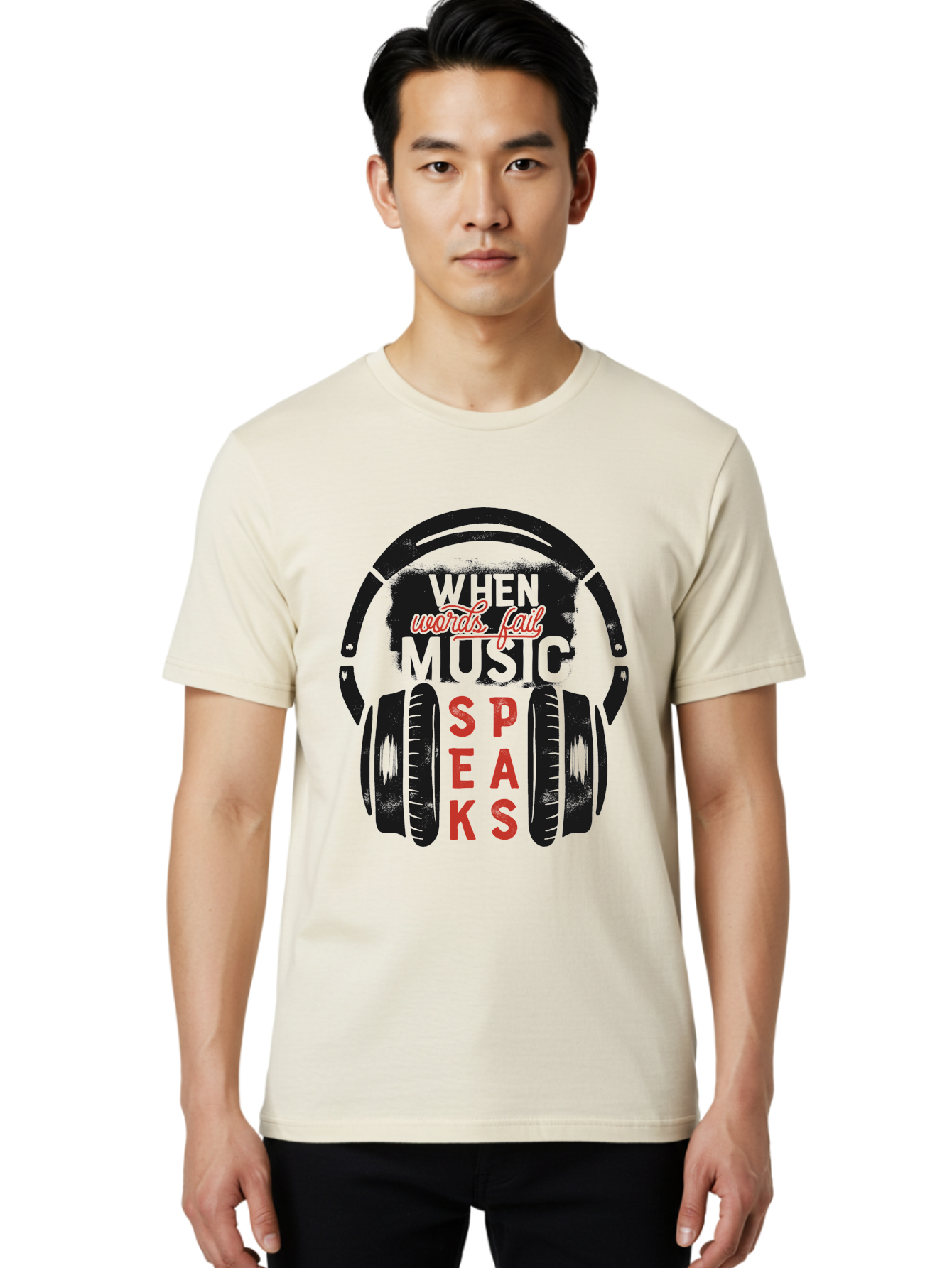 When-Words-Fail-Music-Speaks Men'S Graphic Tee, 100% Cotton, Comfortable Casual Summer Wear, Machine Washable, Inspirational Quote, Music Lover, Headphone Illustration, Motivational Phrase, Music Speaks, Words Fail, Sound Waves, Music Art Aab963