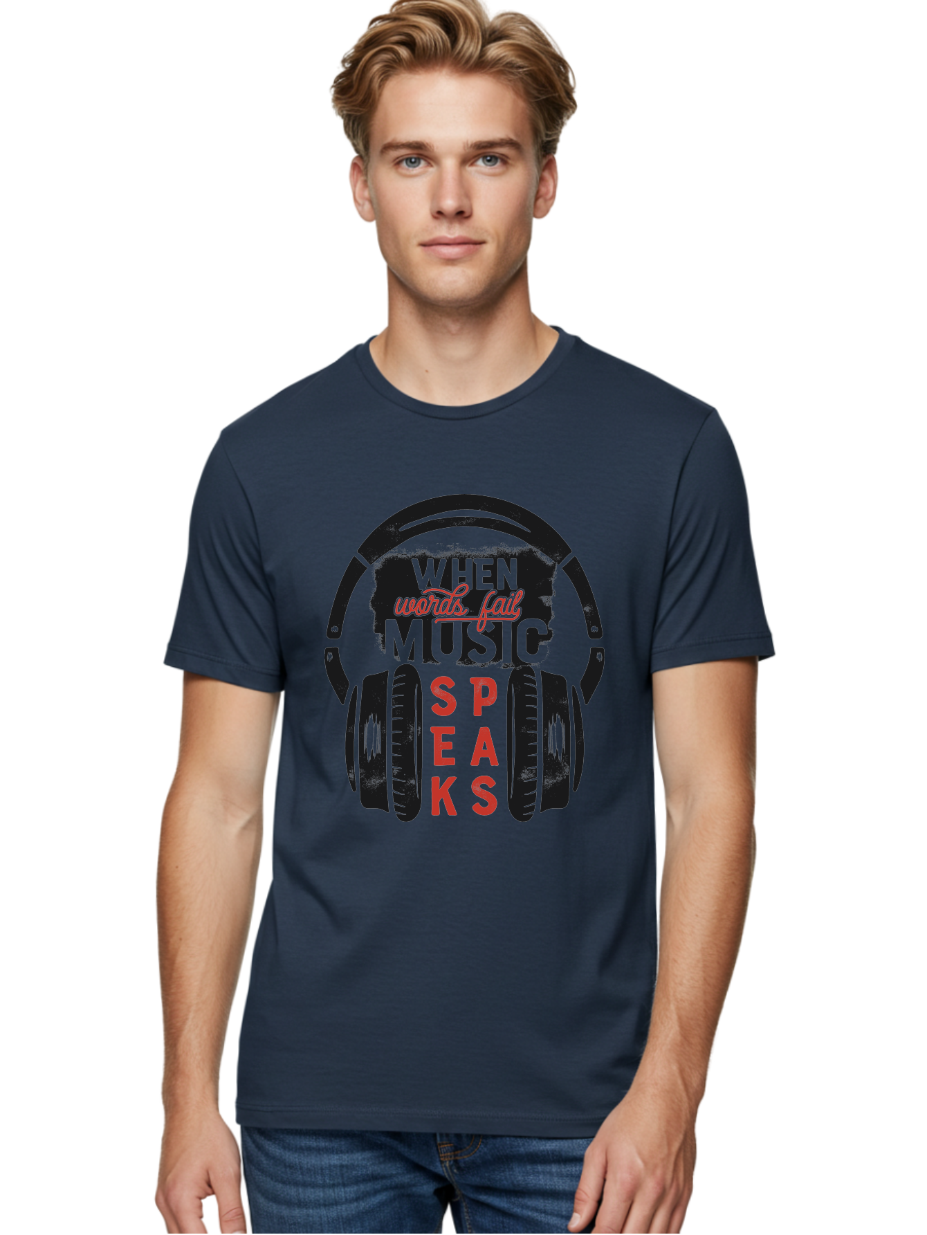 When-Words-Fail-Music-Speaks Men'S Graphic Tee, 100% Cotton, Comfortable Casual Summer Wear, Machine Washable, Inspirational Quote, Music Lover, Headphone Illustration, Motivational Phrase, Music Speaks, Words Fail, Sound Waves, Music Art Aab963