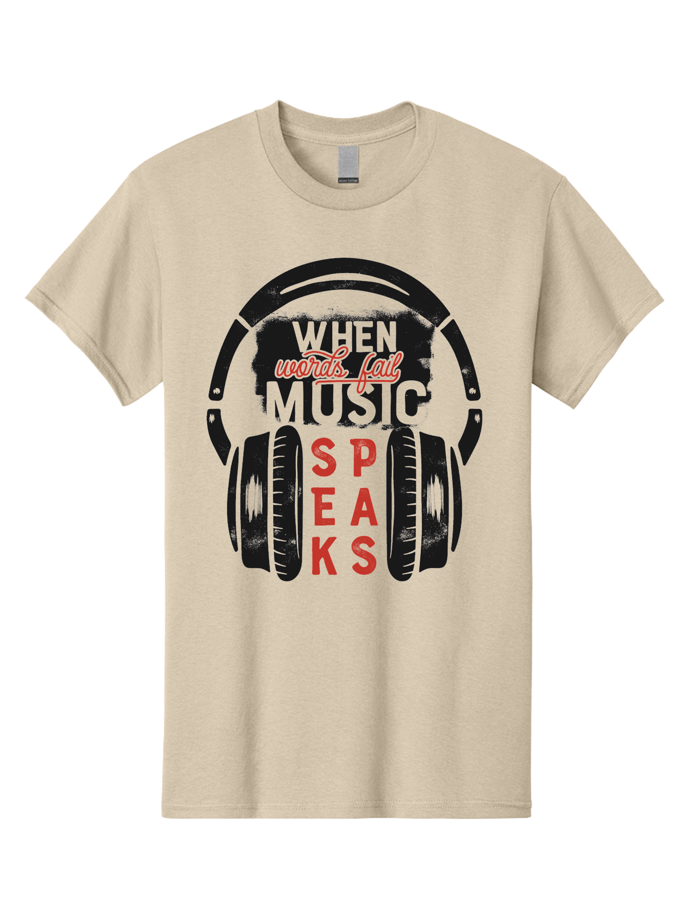 When-Words-Fail-Music-Speaks Men'S Graphic Tee, 100% Cotton, Comfortable Casual Summer Wear, Machine Washable, Inspirational Quote, Music Lover, Headphone Illustration, Motivational Phrase, Music Speaks, Words Fail, Sound Waves, Music Art Aab963