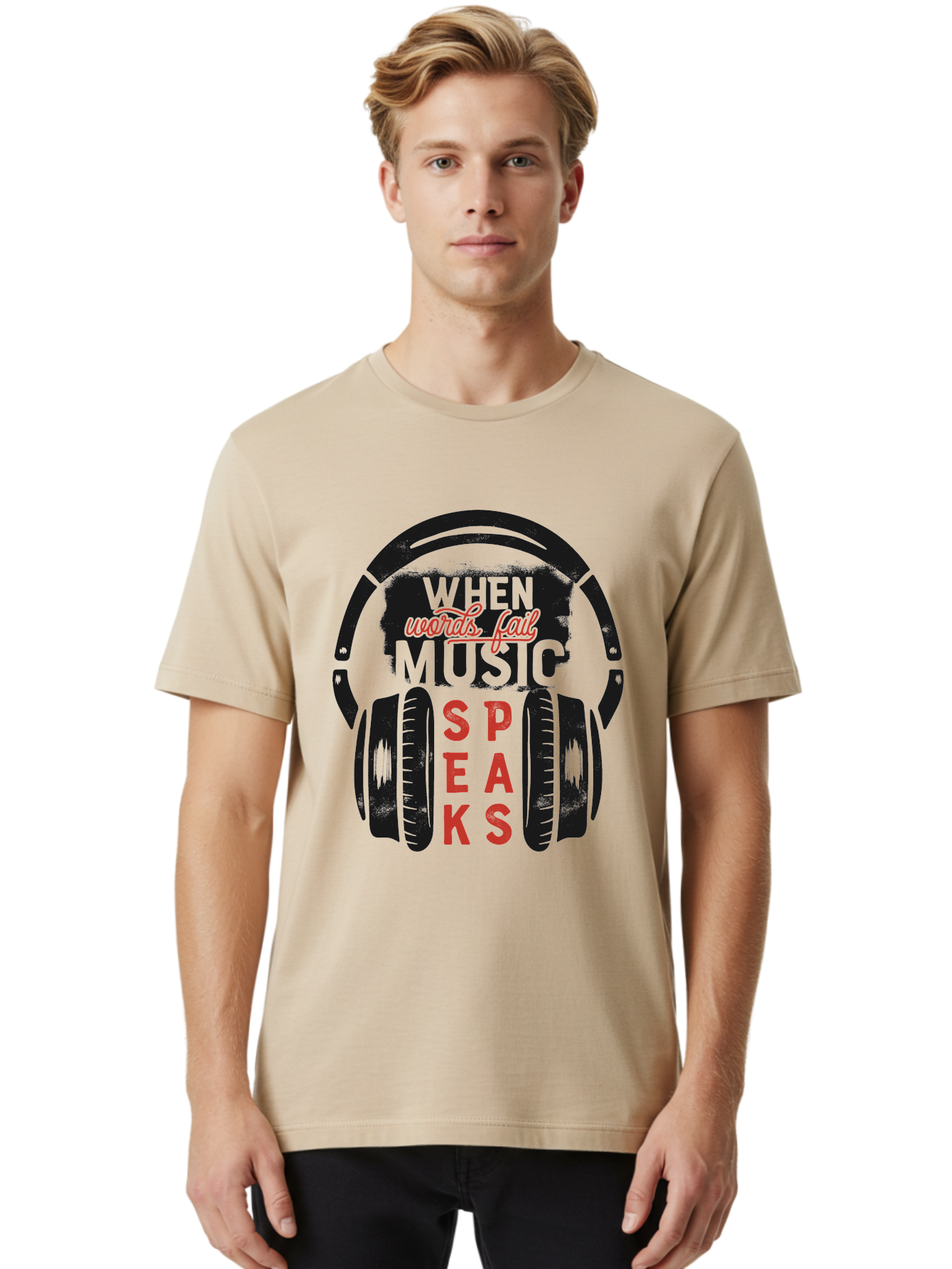 When-Words-Fail-Music-Speaks Men'S Graphic Tee, 100% Cotton, Comfortable Casual Summer Wear, Machine Washable, Inspirational Quote, Music Lover, Headphone Illustration, Motivational Phrase, Music Speaks, Words Fail, Sound Waves, Music Art Aab963