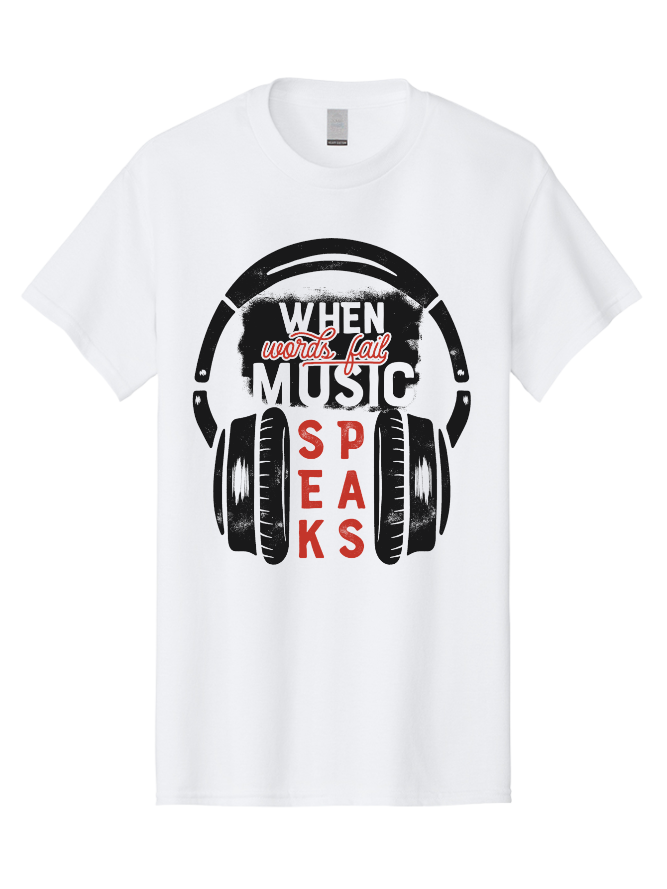 When-Words-Fail-Music-Speaks Men'S Graphic Tee, 100% Cotton, Comfortable Casual Summer Wear, Machine Washable, Inspirational Quote, Music Lover, Headphone Illustration, Motivational Phrase, Music Speaks, Words Fail, Sound Waves, Music Art Aab963