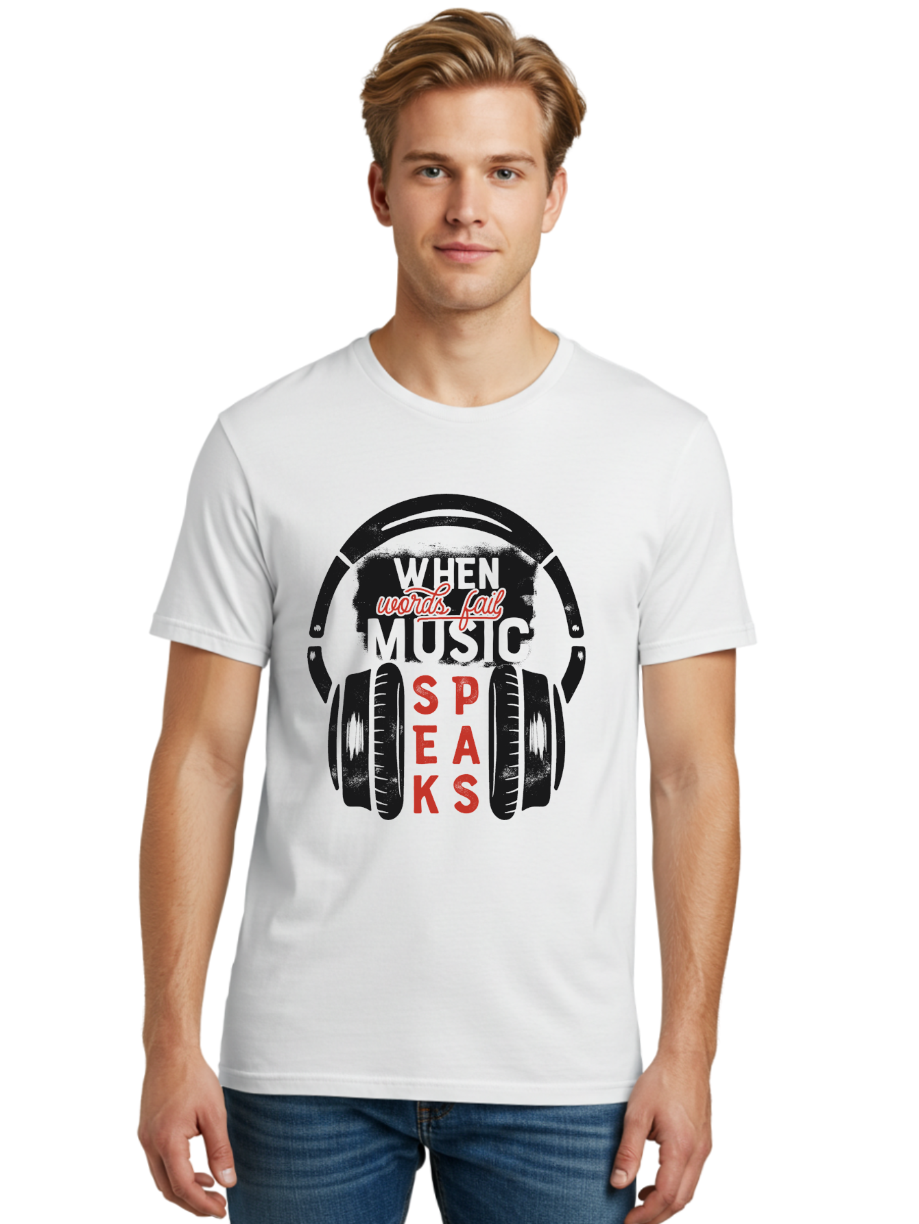 When-Words-Fail-Music-Speaks Men'S Graphic Tee, 100% Cotton, Comfortable Casual Summer Wear, Machine Washable, Inspirational Quote, Music Lover, Headphone Illustration, Motivational Phrase, Music Speaks, Words Fail, Sound Waves, Music Art Aab963