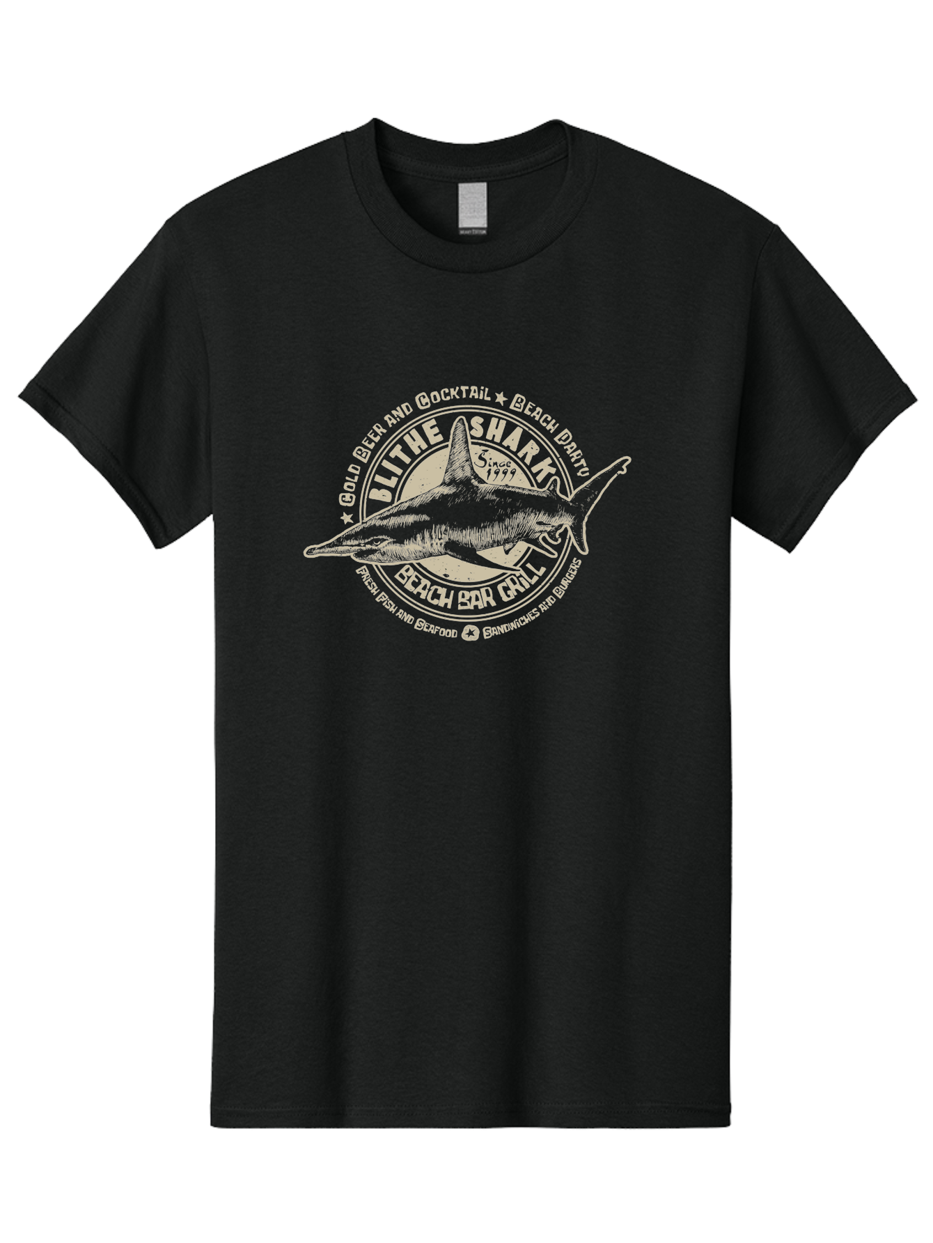 Blithe-Shark Men'S Graphic Tee, 100% Cotton, Comfortable Casual Summer Wear, Machine Washable, Beach Bar Grill, Seafood Restaurant, Cold Beer, Cocktails, Beach Party, Fresh Fish, Sandwiches, Burgers, Casual Dining, Blithe Shark, Beach Food Aab966