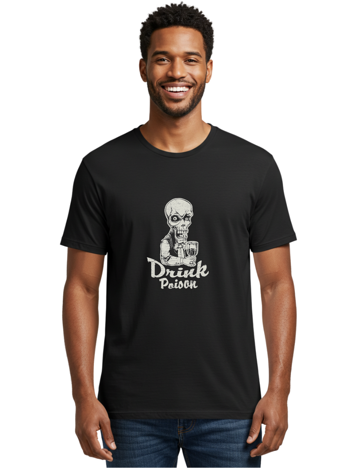 Drink-Poison Men'S Graphic Tee, 100% Cotton, Comfortable Casual Summer Wear, Machine Washable, Skeleton Holding A Glass, Dark Humor, Toxic Drink, Skull Character, Gothic Illustration, Grunge Style, Creepy Design, Poison Warning, Skull Artwork, Aab968