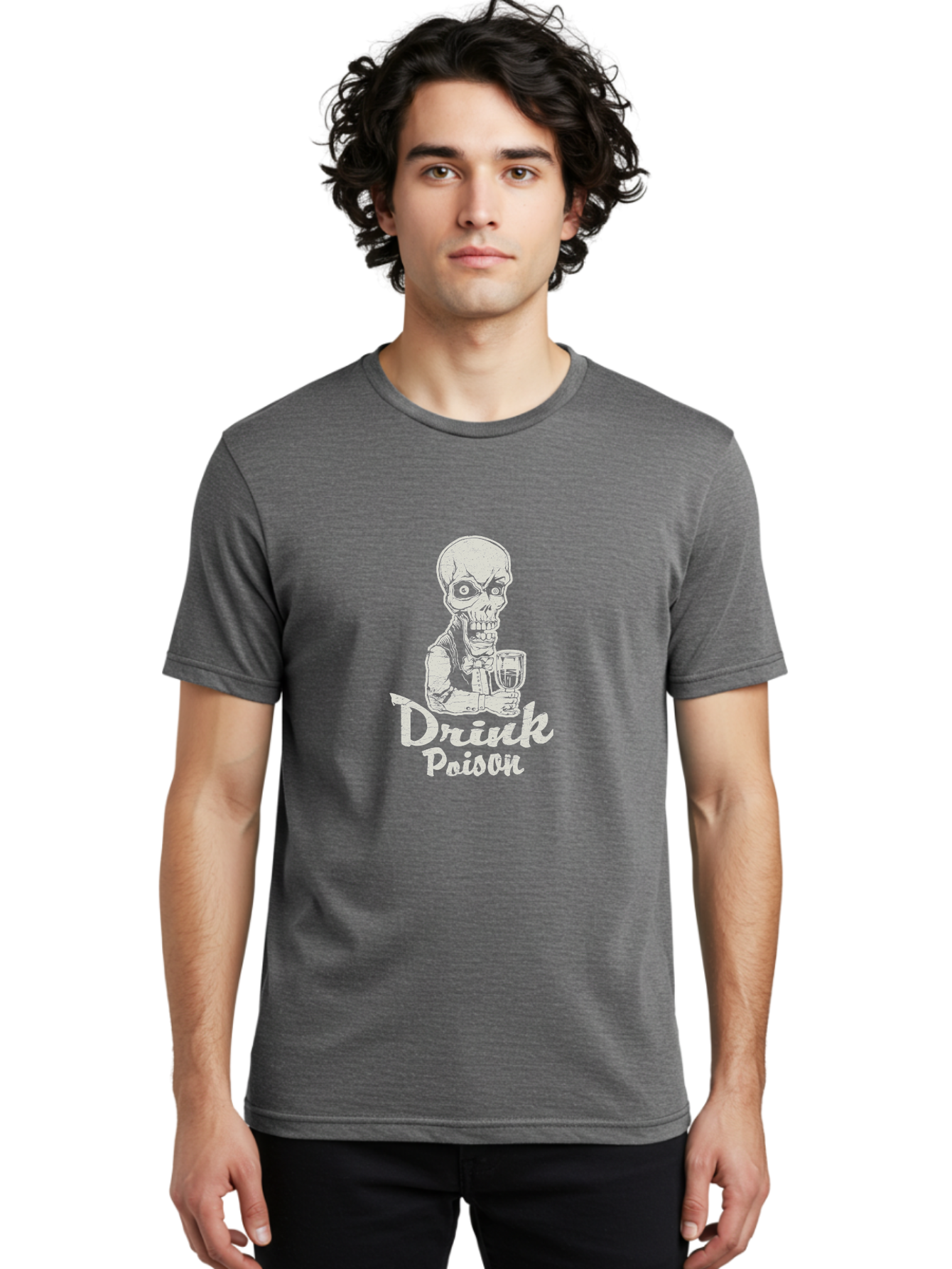 Drink-Poison Men'S Graphic Tee, 100% Cotton, Comfortable Casual Summer Wear, Machine Washable, Skeleton Holding A Glass, Dark Humor, Toxic Drink, Skull Character, Gothic Illustration, Grunge Style, Creepy Design, Poison Warning, Skull Artwork, Aab968