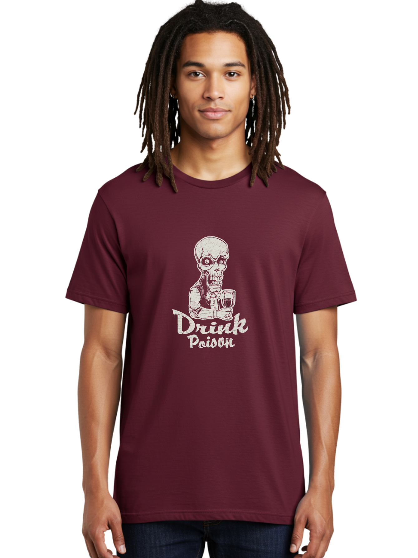 Drink-Poison Men'S Graphic Tee, 100% Cotton, Comfortable Casual Summer Wear, Machine Washable, Skeleton Holding A Glass, Dark Humor, Toxic Drink, Skull Character, Gothic Illustration, Grunge Style, Creepy Design, Poison Warning, Skull Artwork, Aab968