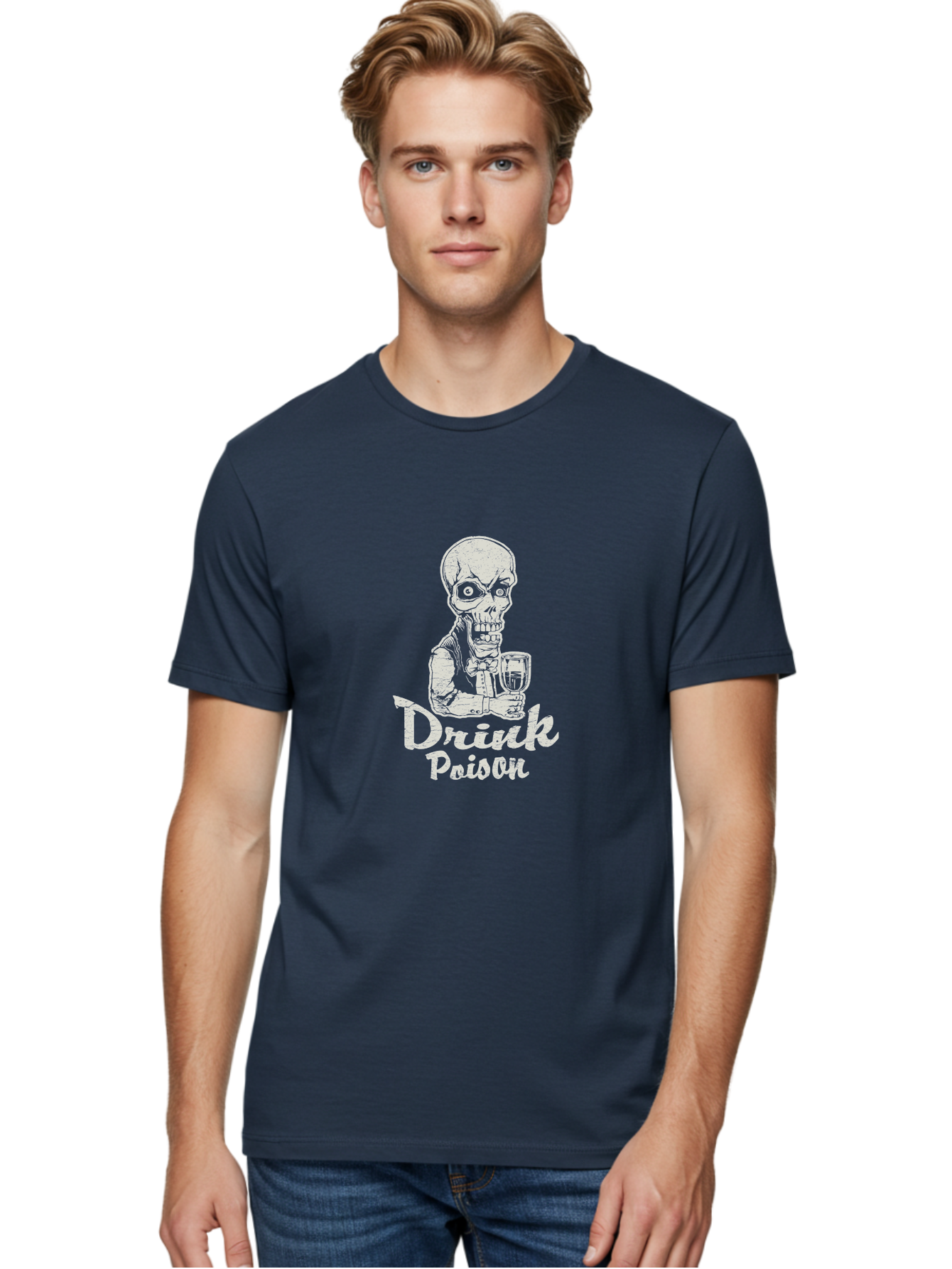 Drink-Poison Men'S Graphic Tee, 100% Cotton, Comfortable Casual Summer Wear, Machine Washable, Skeleton Holding A Glass, Dark Humor, Toxic Drink, Skull Character, Gothic Illustration, Grunge Style, Creepy Design, Poison Warning, Skull Artwork, Aab968