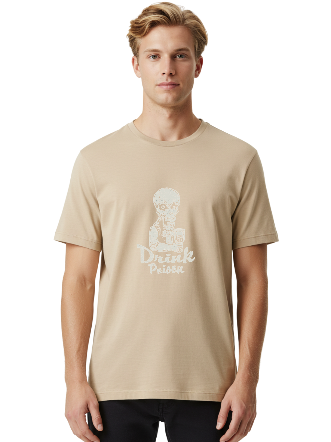 Drink-Poison Men'S Graphic Tee, 100% Cotton, Comfortable Casual Summer Wear, Machine Washable, Skeleton Holding A Glass, Dark Humor, Toxic Drink, Skull Character, Gothic Illustration, Grunge Style, Creepy Design, Poison Warning, Skull Artwork, Aab968