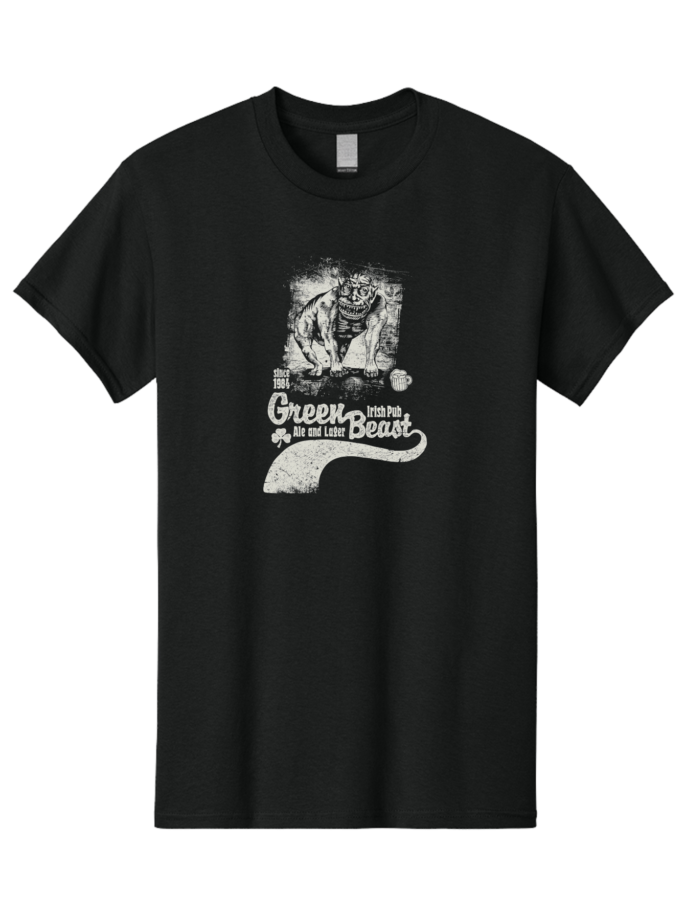Green-Beast-Irish-Pub Men'S Graphic Tee, 100% Cotton, Comfortable Casual Summer Wear, Machine Washable, Irish Pub, Monster Drawing, Ale And Lager, Beer Mug, Since 1984, Four-Leaf Clover, Bar Signage, Pub Decor, Irish Heritage Aab969
