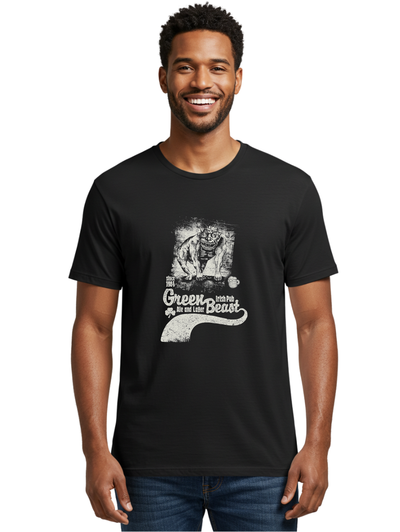 Green-Beast-Irish-Pub Men'S Graphic Tee, 100% Cotton, Comfortable Casual Summer Wear, Machine Washable, Irish Pub, Monster Drawing, Ale And Lager, Beer Mug, Since 1984, Four-Leaf Clover, Bar Signage, Pub Decor, Irish Heritage Aab969