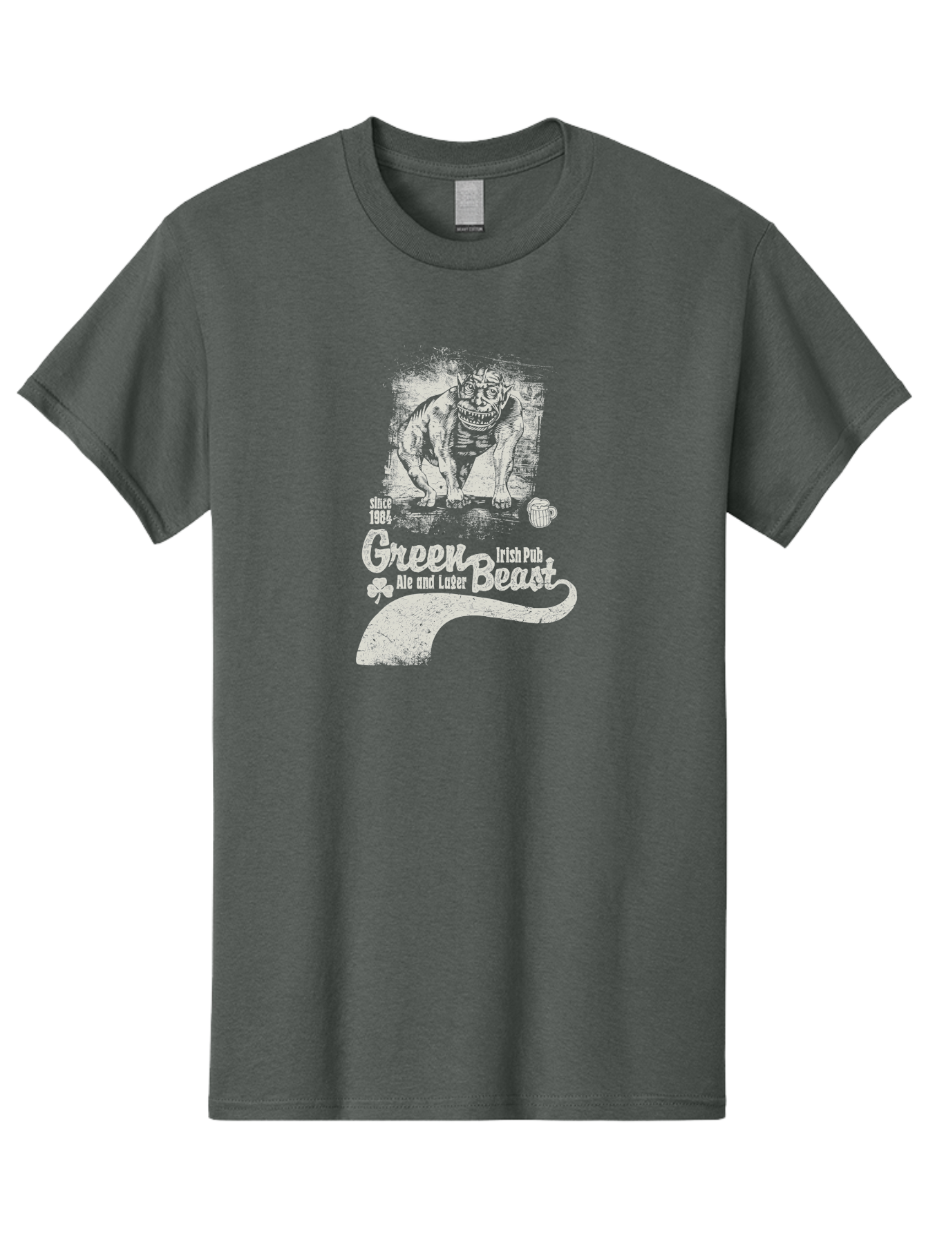 Green-Beast-Irish-Pub Men'S Graphic Tee, 100% Cotton, Comfortable Casual Summer Wear, Machine Washable, Irish Pub, Monster Drawing, Ale And Lager, Beer Mug, Since 1984, Four-Leaf Clover, Bar Signage, Pub Decor, Irish Heritage Aab969