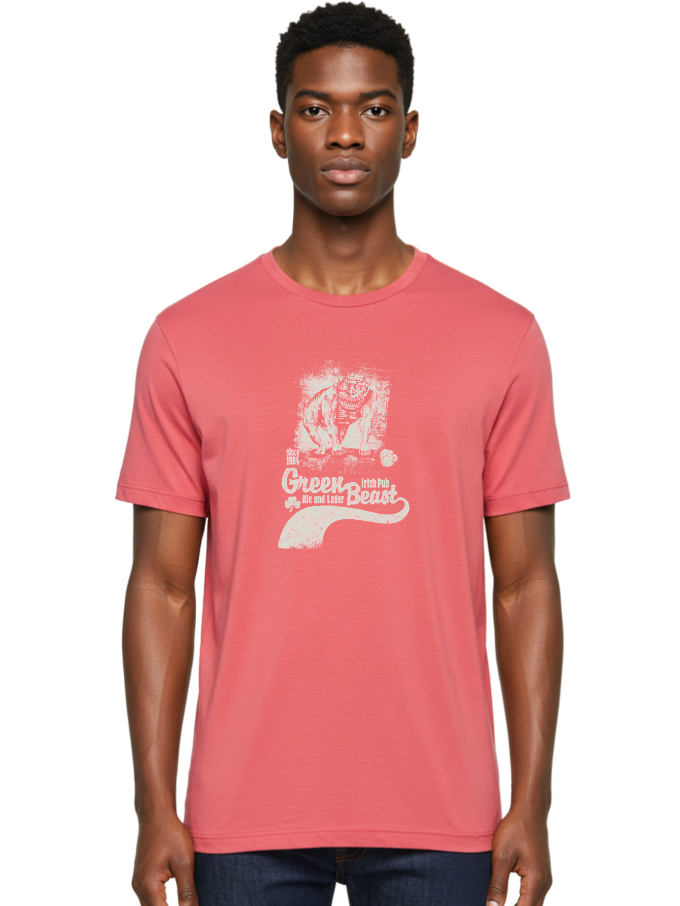 Green-Beast-Irish-Pub Men'S Graphic Tee, 100% Cotton, Comfortable Casual Summer Wear, Machine Washable, Irish Pub, Monster Drawing, Ale And Lager, Beer Mug, Since 1984, Four-Leaf Clover, Bar Signage, Pub Decor, Irish Heritage Aab969