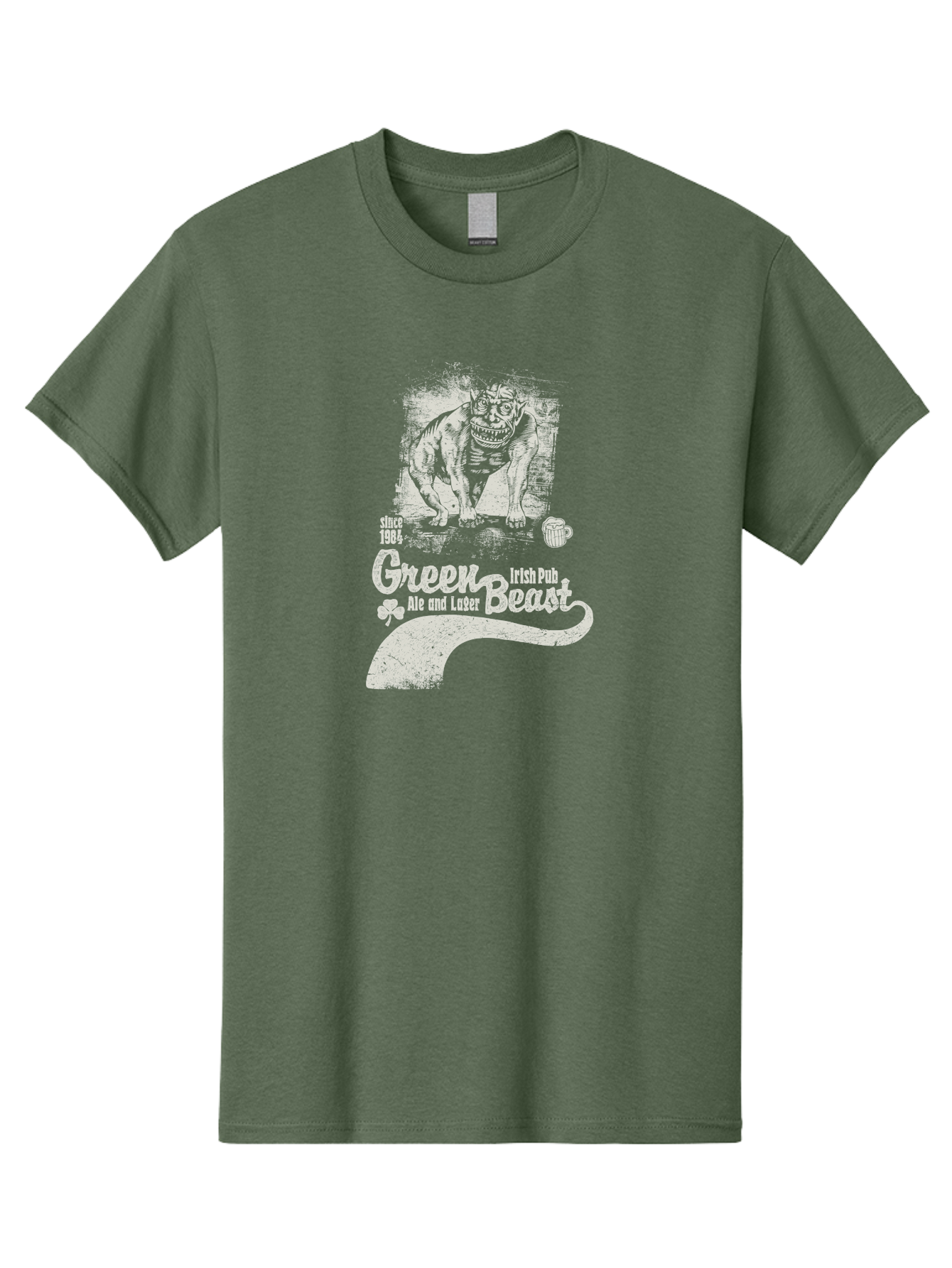 Green-Beast-Irish-Pub Men'S Graphic Tee, 100% Cotton, Comfortable Casual Summer Wear, Machine Washable, Irish Pub, Monster Drawing, Ale And Lager, Beer Mug, Since 1984, Four-Leaf Clover, Bar Signage, Pub Decor, Irish Heritage Aab969