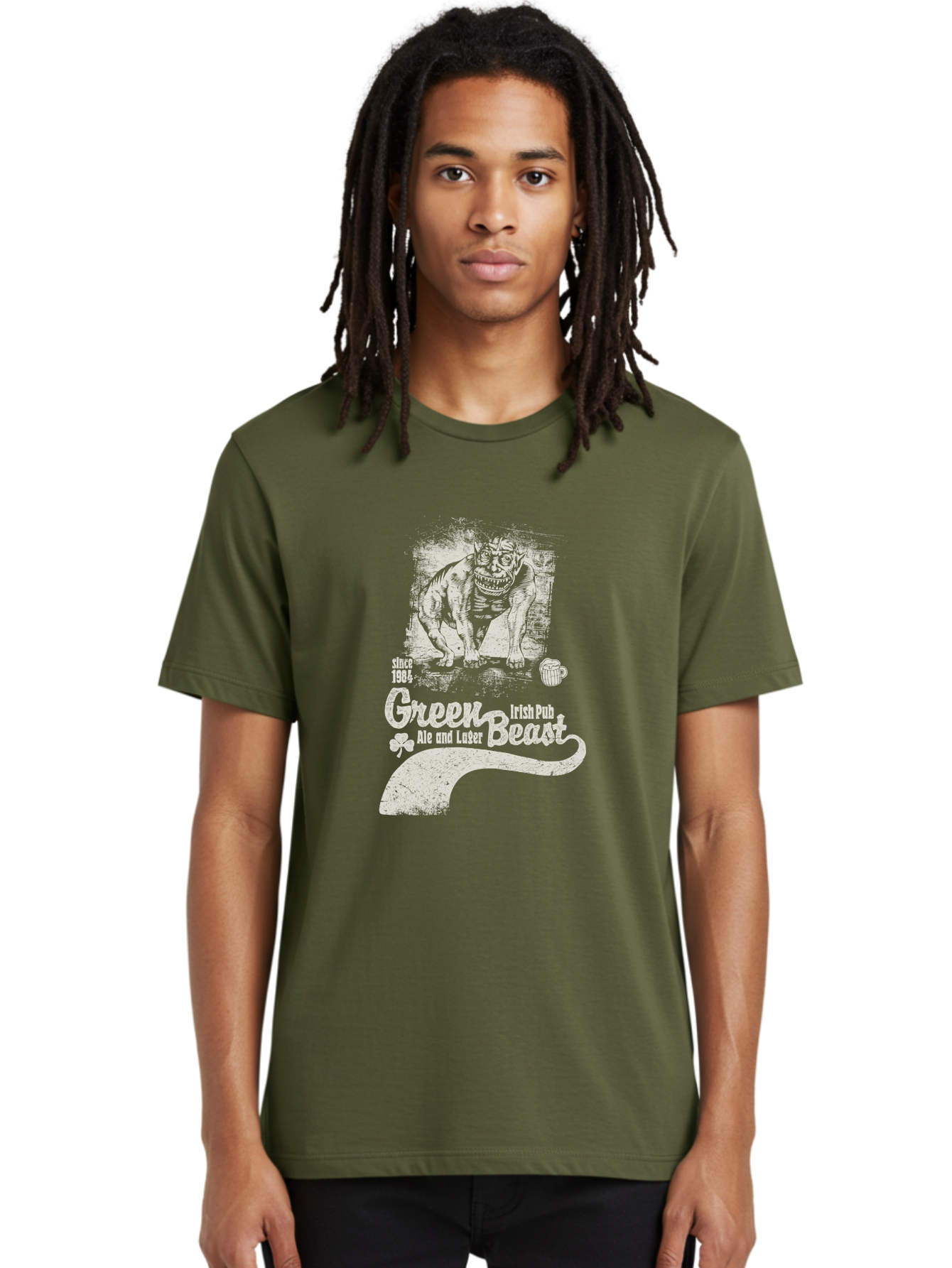 Green-Beast-Irish-Pub Men'S Graphic Tee, 100% Cotton, Comfortable Casual Summer Wear, Machine Washable, Irish Pub, Monster Drawing, Ale And Lager, Beer Mug, Since 1984, Four-Leaf Clover, Bar Signage, Pub Decor, Irish Heritage Aab969