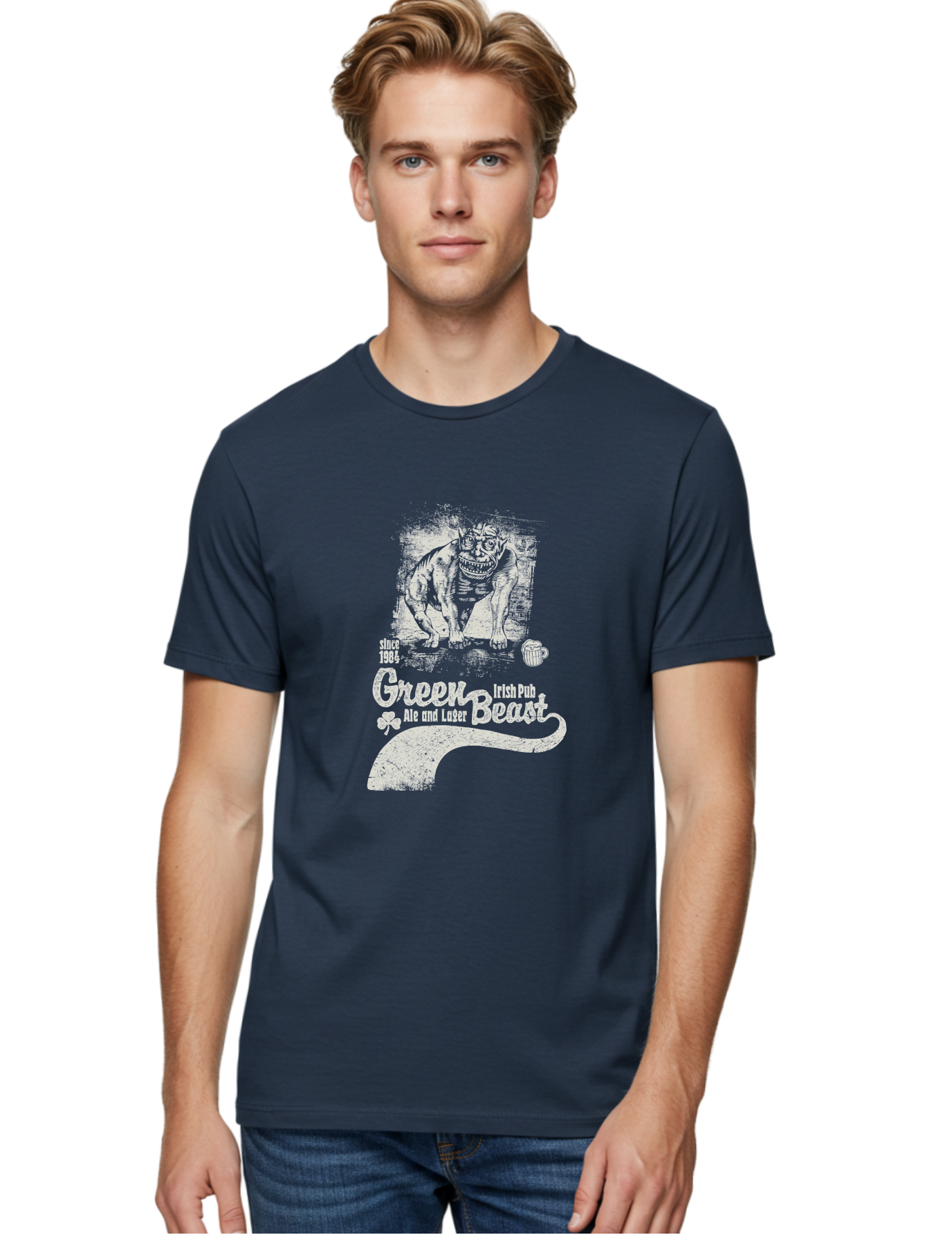 Green-Beast-Irish-Pub Men'S Graphic Tee, 100% Cotton, Comfortable Casual Summer Wear, Machine Washable, Irish Pub, Monster Drawing, Ale And Lager, Beer Mug, Since 1984, Four-Leaf Clover, Bar Signage, Pub Decor, Irish Heritage Aab969