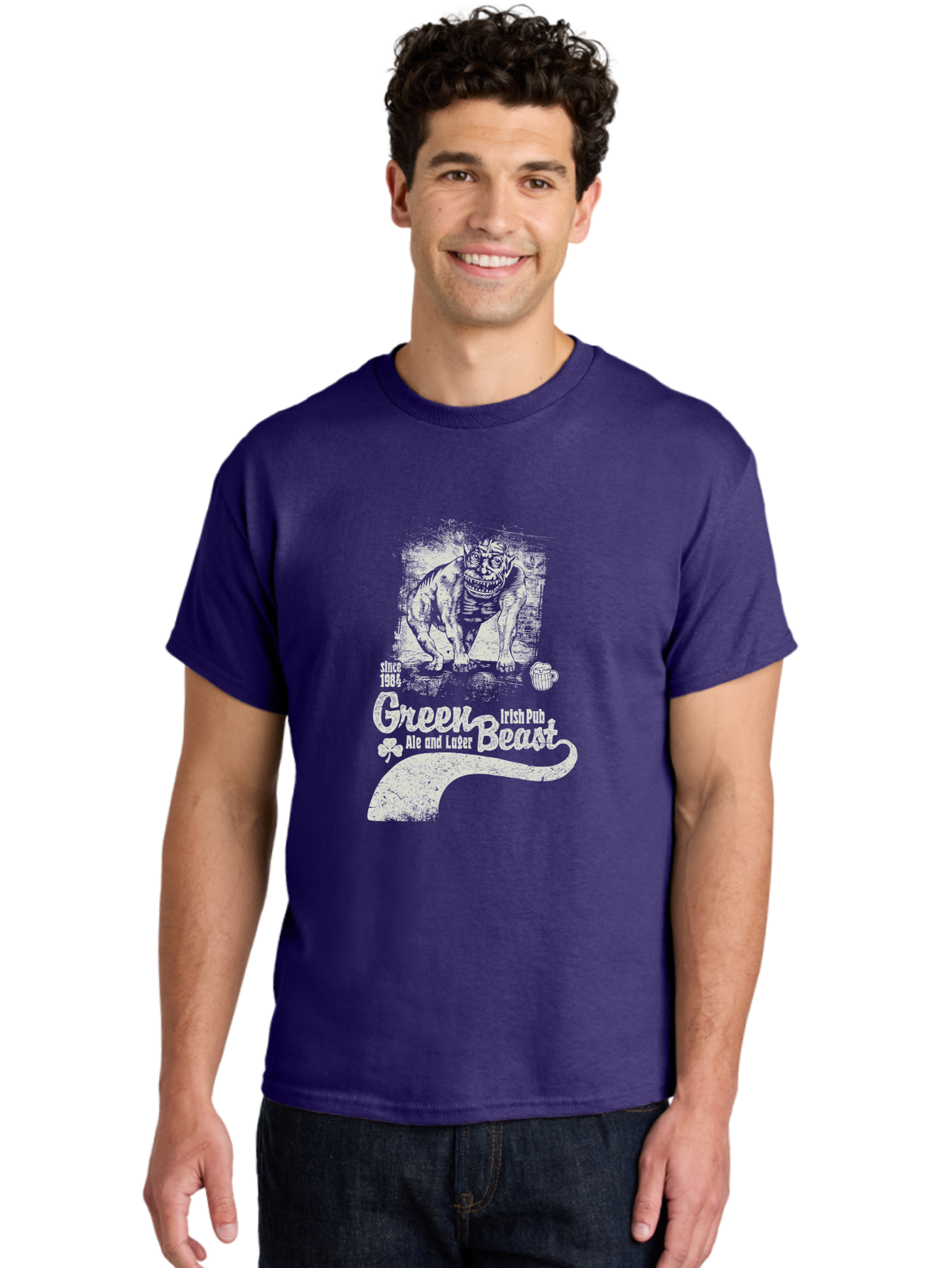 Green-Beast-Irish-Pub Men'S Graphic Tee, 100% Cotton, Comfortable Casual Summer Wear, Machine Washable, Irish Pub, Monster Drawing, Ale And Lager, Beer Mug, Since 1984, Four-Leaf Clover, Bar Signage, Pub Decor, Irish Heritage Aab969