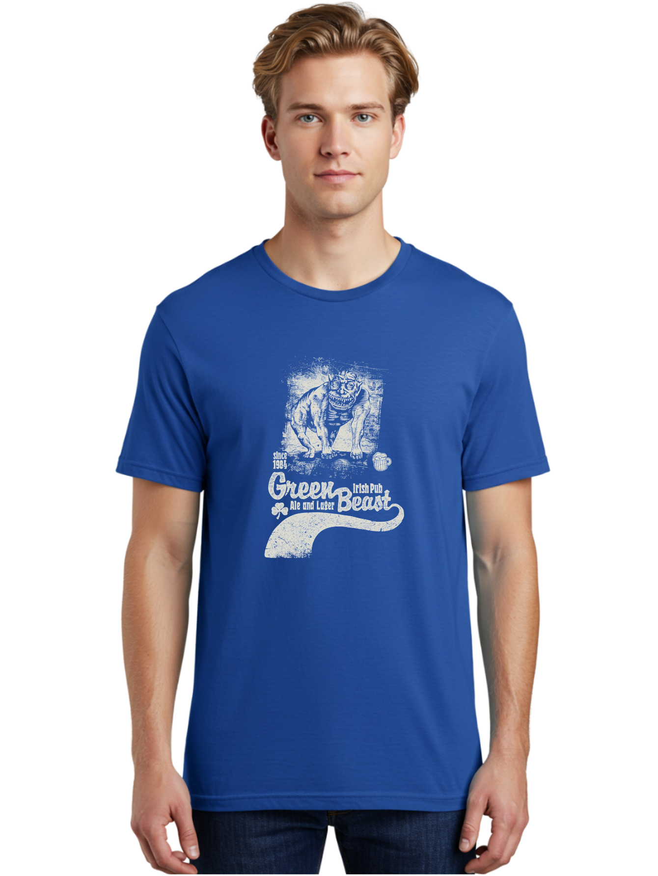 Green-Beast-Irish-Pub Men'S Graphic Tee, 100% Cotton, Comfortable Casual Summer Wear, Machine Washable, Irish Pub, Monster Drawing, Ale And Lager, Beer Mug, Since 1984, Four-Leaf Clover, Bar Signage, Pub Decor, Irish Heritage Aab969