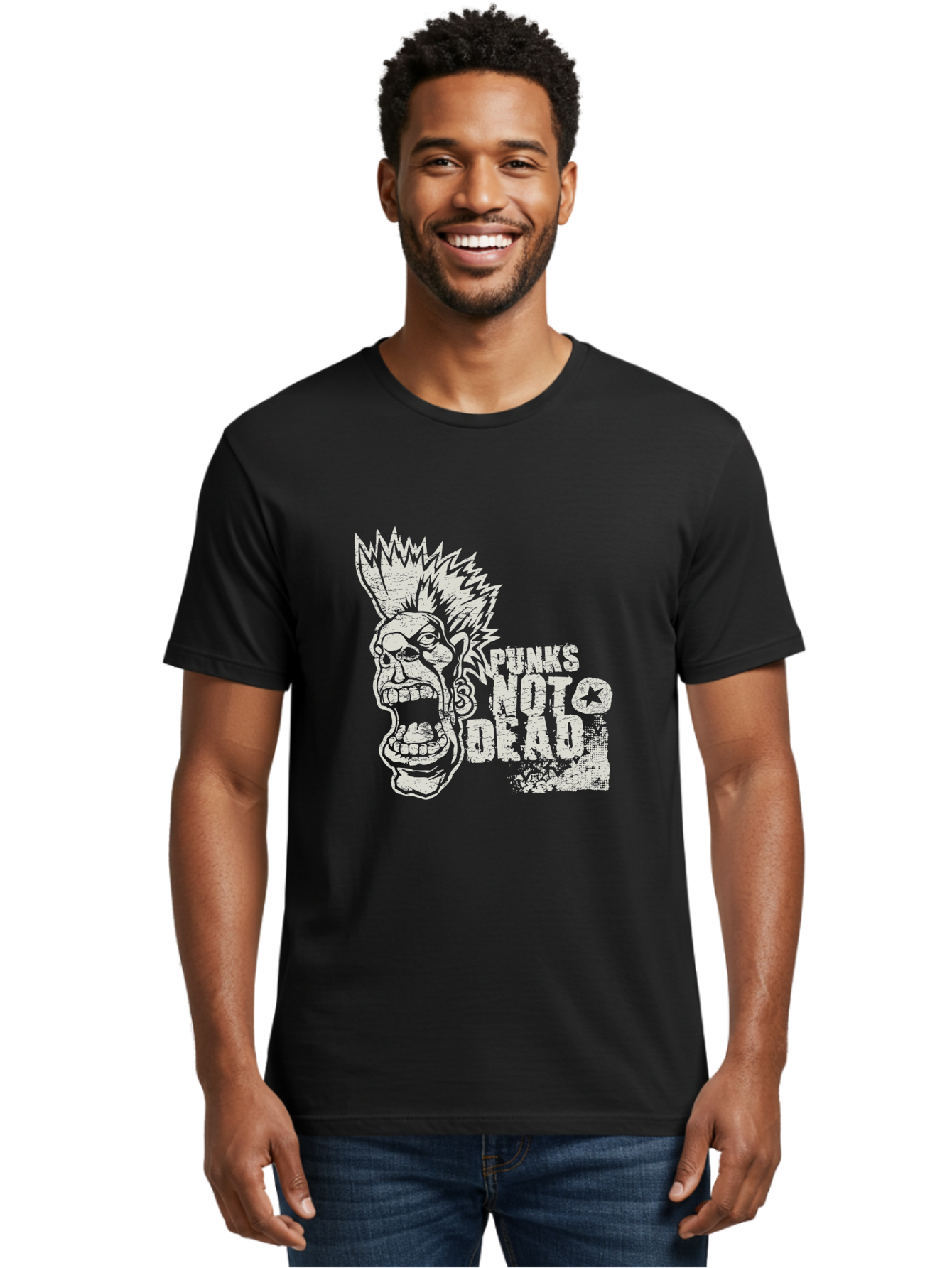 Punks-Not-Dead Men'S Graphic Tee, 100% Cotton, Comfortable Casual Summer Wear, Machine Washable, Punk Rock Illustration, Mohawk Hairstyle, Screaming Face, Punk Not Dead Slogan, Bold Typography, Punk Rebellion, Grunge Aesthetic, Aab970
