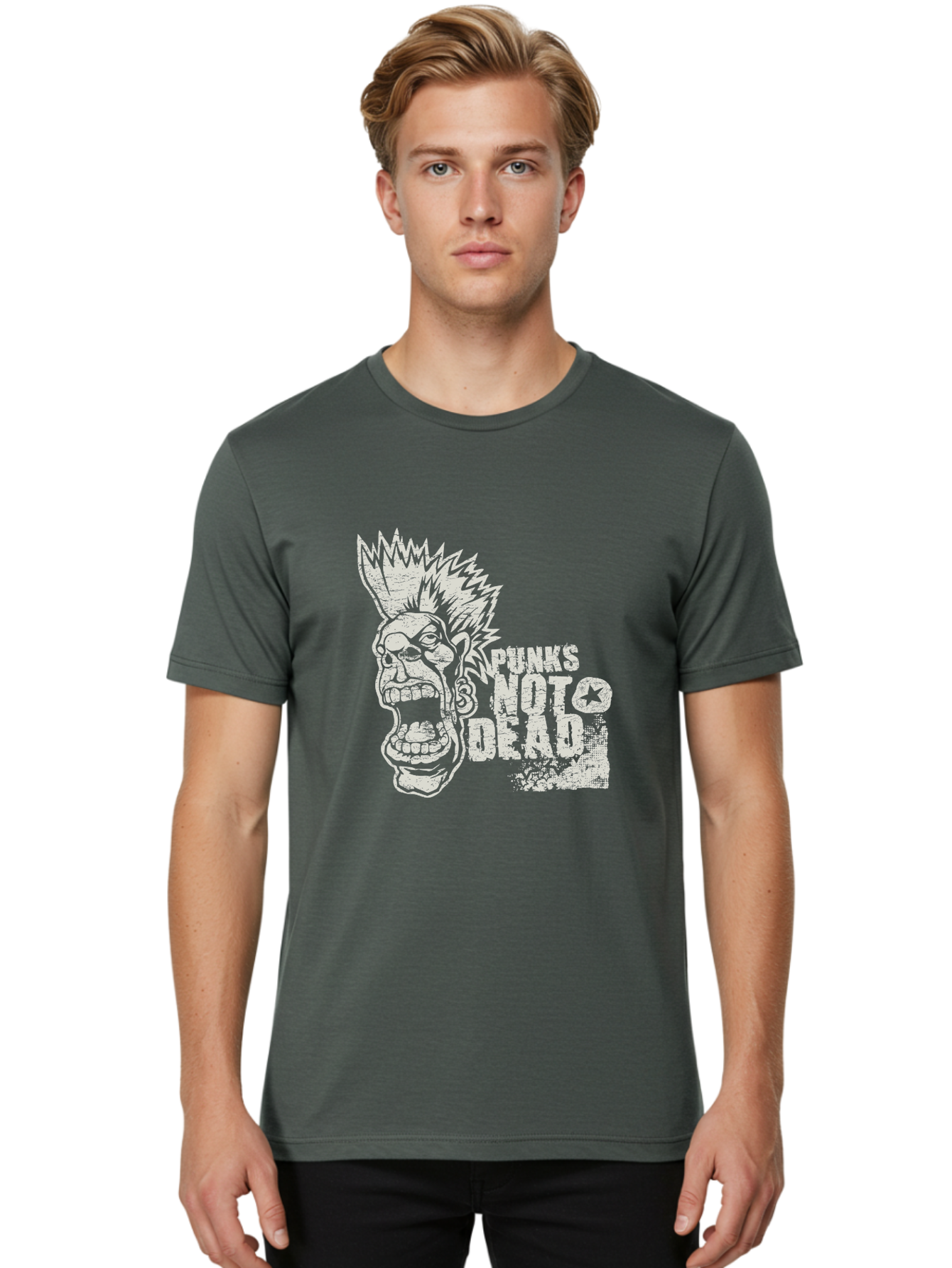 Punks-Not-Dead Men'S Graphic Tee, 100% Cotton, Comfortable Casual Summer Wear, Machine Washable, Punk Rock Illustration, Mohawk Hairstyle, Screaming Face, Punk Not Dead Slogan, Bold Typography, Punk Rebellion, Grunge Aesthetic, Aab970