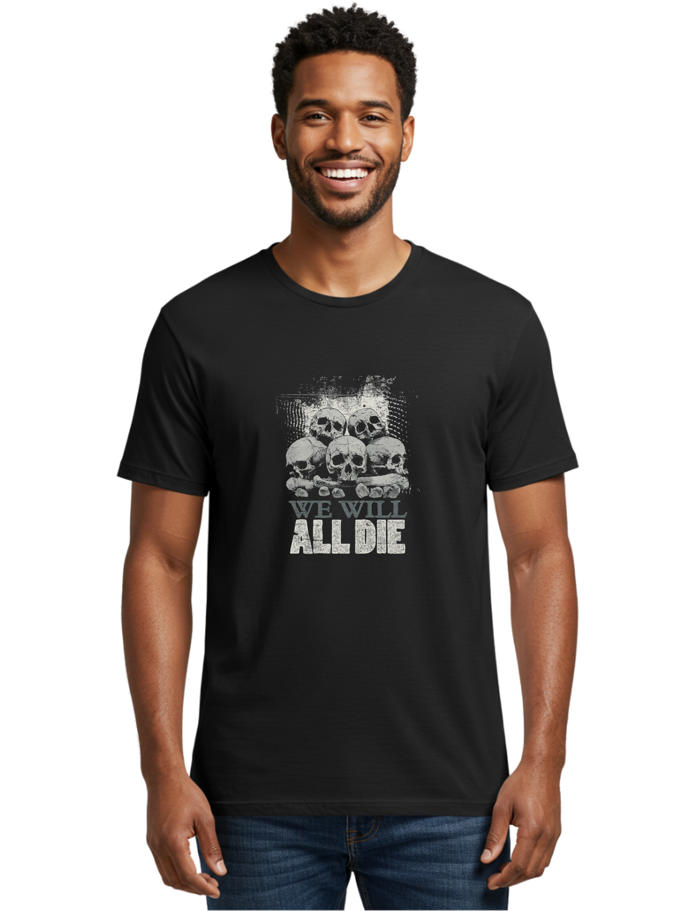 We-Will-All-Die Men'S Graphic Tee, 100% Cotton, Comfortable Casual Summer Wear, Machine Washable, Skull Pile, Human Skulls, Mortality Symbol, Death Theme, Grunge Style, Dark Art, Gothic Illustration, Skulls And Bones, We Will All Die Aab971
