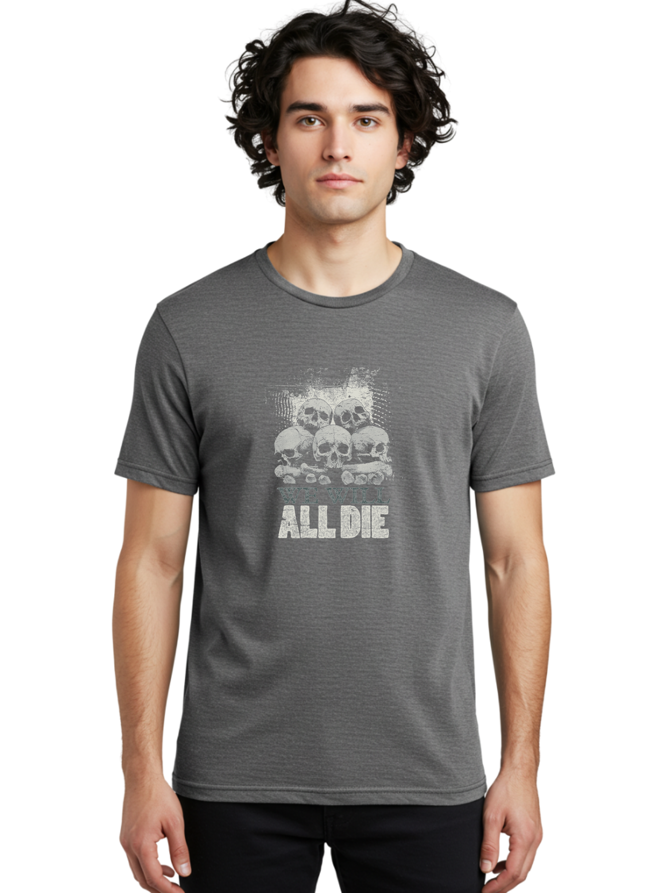 We-Will-All-Die Men'S Graphic Tee, 100% Cotton, Comfortable Casual Summer Wear, Machine Washable, Skull Pile, Human Skulls, Mortality Symbol, Death Theme, Grunge Style, Dark Art, Gothic Illustration, Skulls And Bones, We Will All Die Aab971