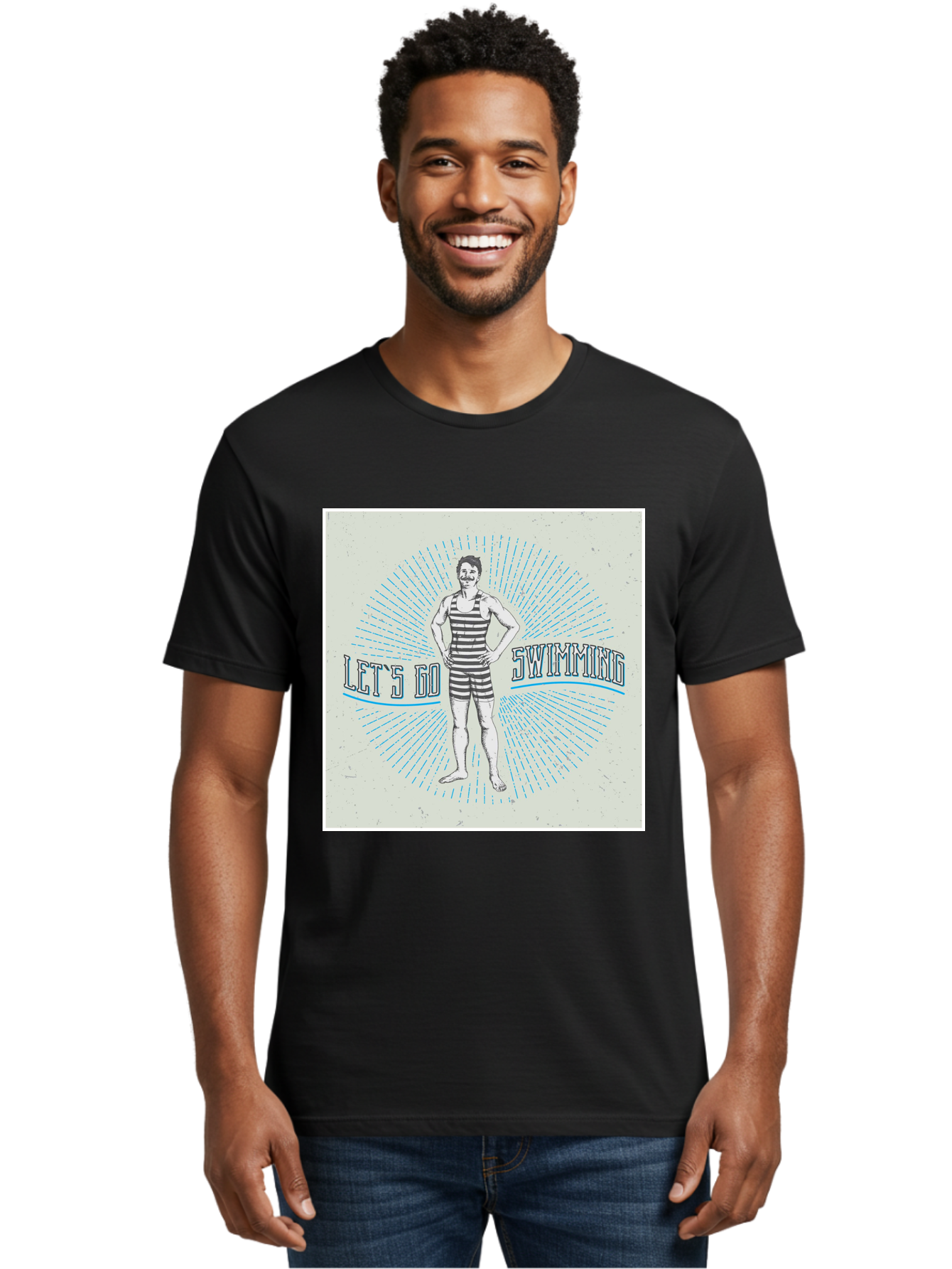 Let-S-Go-Swimming Men'S Graphic Tee, 100% Cotton, Comfortable Casual Summer Wear, Machine Washable, Vintage Swimmer, Retro Style, Black And White Stripes, Swimming Costume, Aquatic Activities, Water Sports, Nostalgic Design, Classic Swimwear, Aab973