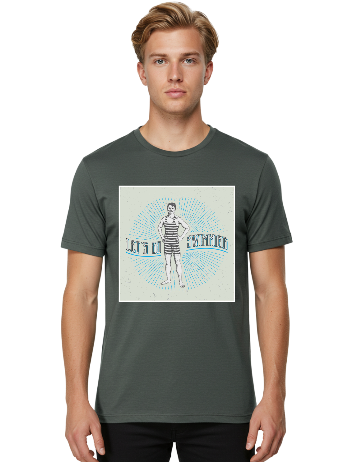 Let-S-Go-Swimming Men'S Graphic Tee, 100% Cotton, Comfortable Casual Summer Wear, Machine Washable, Vintage Swimmer, Retro Style, Black And White Stripes, Swimming Costume, Aquatic Activities, Water Sports, Nostalgic Design, Classic Swimwear, Aab973