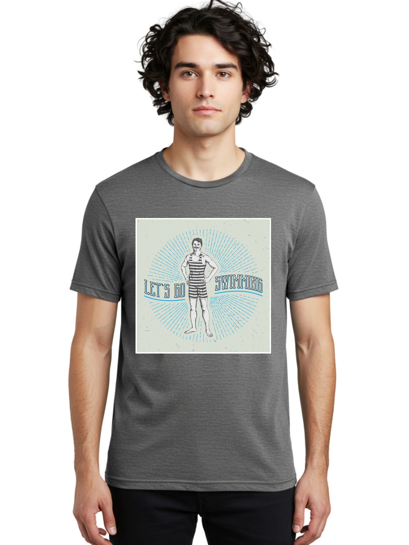Let-S-Go-Swimming Men'S Graphic Tee, 100% Cotton, Comfortable Casual Summer Wear, Machine Washable, Vintage Swimmer, Retro Style, Black And White Stripes, Swimming Costume, Aquatic Activities, Water Sports, Nostalgic Design, Classic Swimwear, Aab973