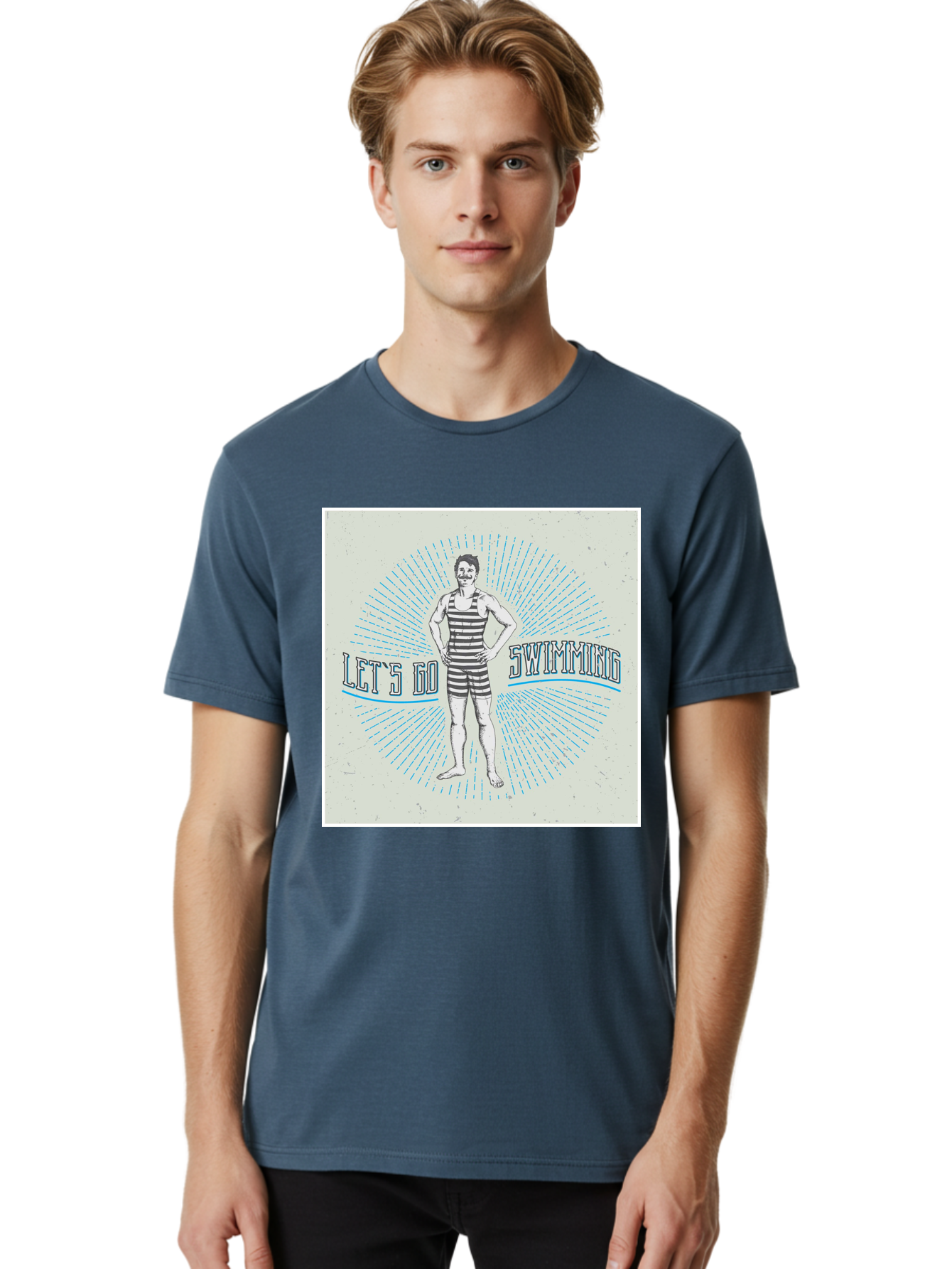 Let-S-Go-Swimming Men'S Graphic Tee, 100% Cotton, Comfortable Casual Summer Wear, Machine Washable, Vintage Swimmer, Retro Style, Black And White Stripes, Swimming Costume, Aquatic Activities, Water Sports, Nostalgic Design, Classic Swimwear, Aab973