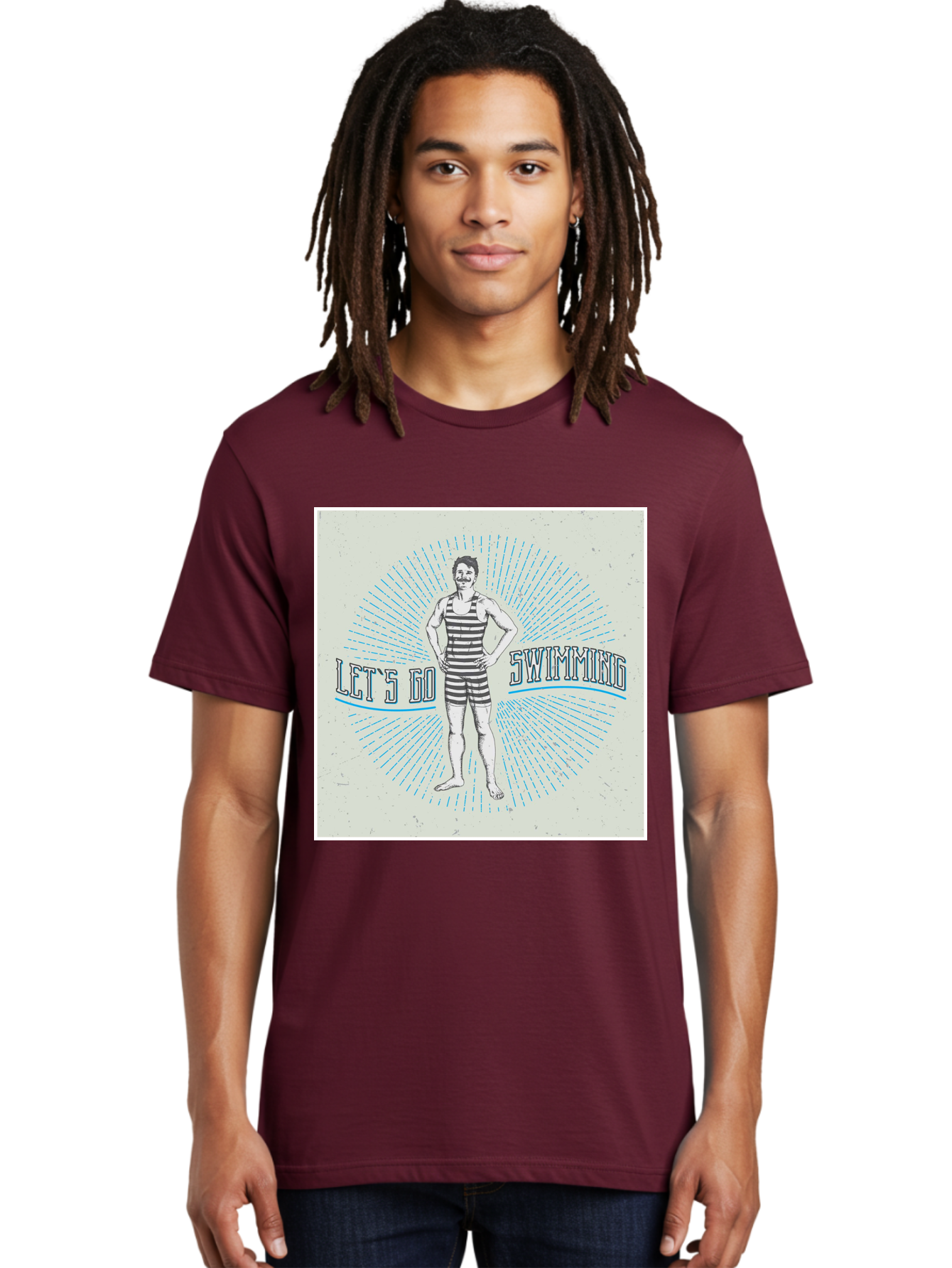 Let-S-Go-Swimming Men'S Graphic Tee, 100% Cotton, Comfortable Casual Summer Wear, Machine Washable, Vintage Swimmer, Retro Style, Black And White Stripes, Swimming Costume, Aquatic Activities, Water Sports, Nostalgic Design, Classic Swimwear, Aab973