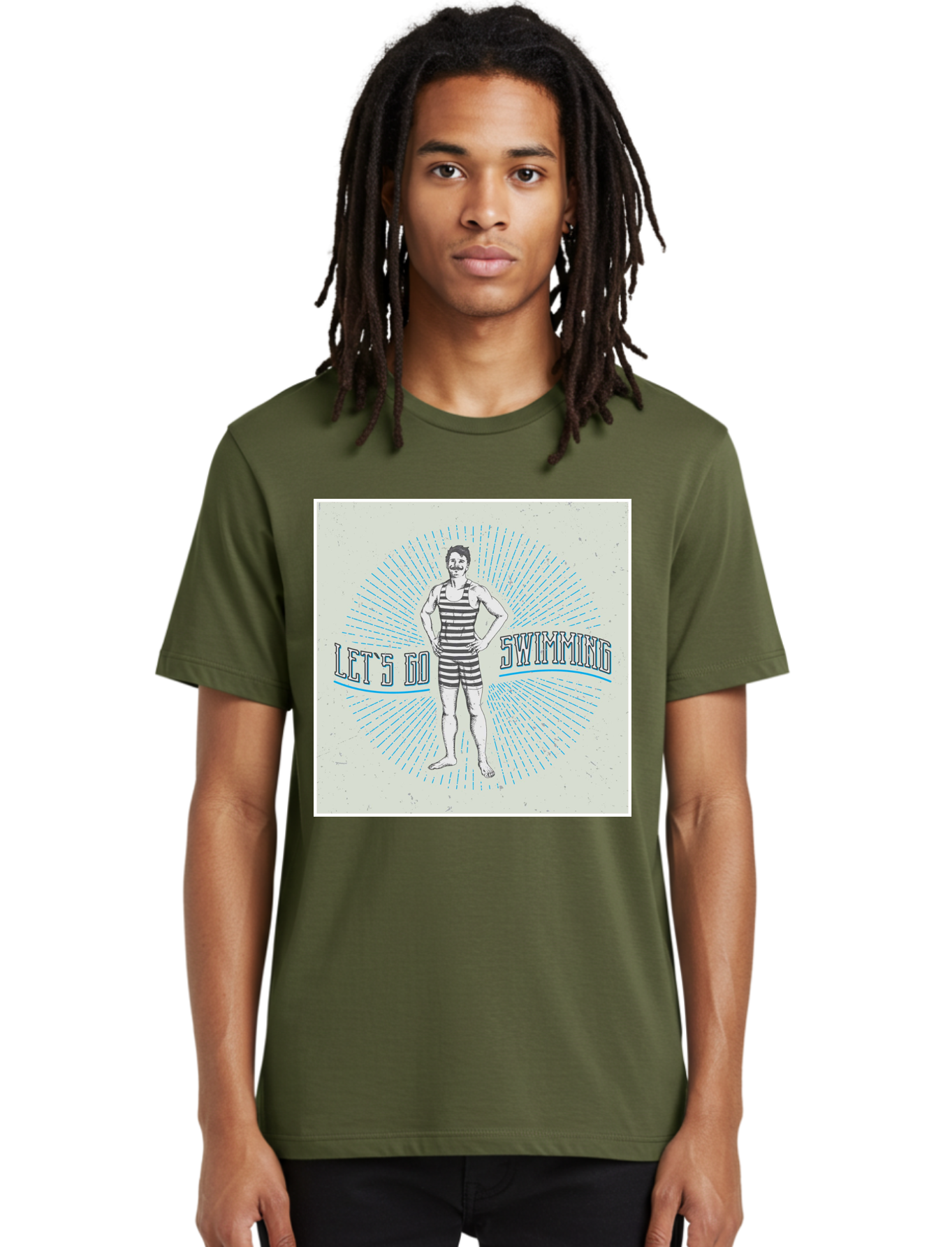 Let-S-Go-Swimming Men'S Graphic Tee, 100% Cotton, Comfortable Casual Summer Wear, Machine Washable, Vintage Swimmer, Retro Style, Black And White Stripes, Swimming Costume, Aquatic Activities, Water Sports, Nostalgic Design, Classic Swimwear, Aab973