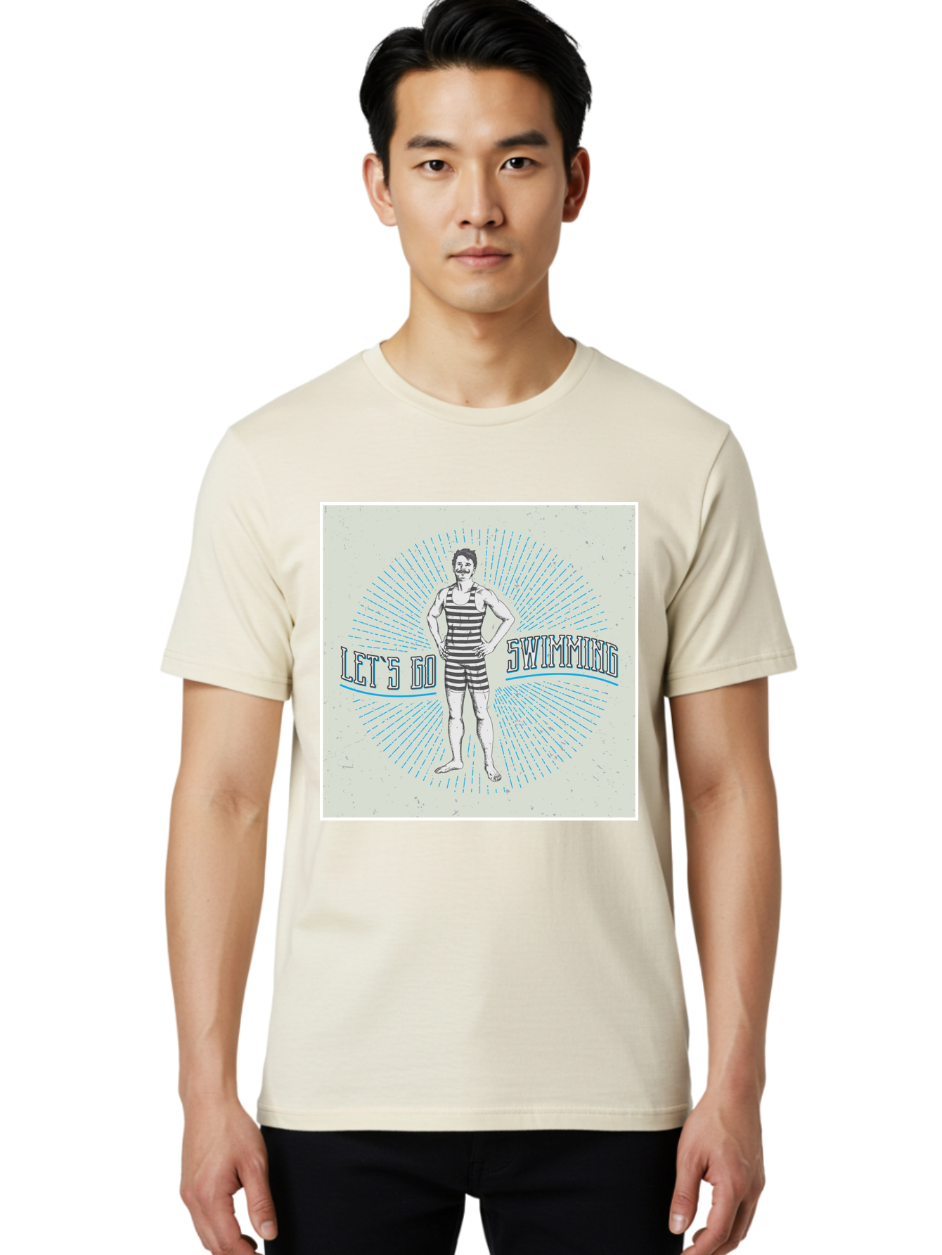 Let-S-Go-Swimming Men'S Graphic Tee, 100% Cotton, Comfortable Casual Summer Wear, Machine Washable, Vintage Swimmer, Retro Style, Black And White Stripes, Swimming Costume, Aquatic Activities, Water Sports, Nostalgic Design, Classic Swimwear, Aab973